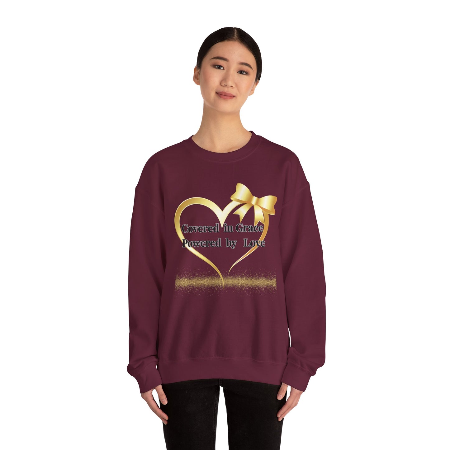 Crewneck Sweatshirt — "Covered in Grace Powered by Love" Gold Heart Design
