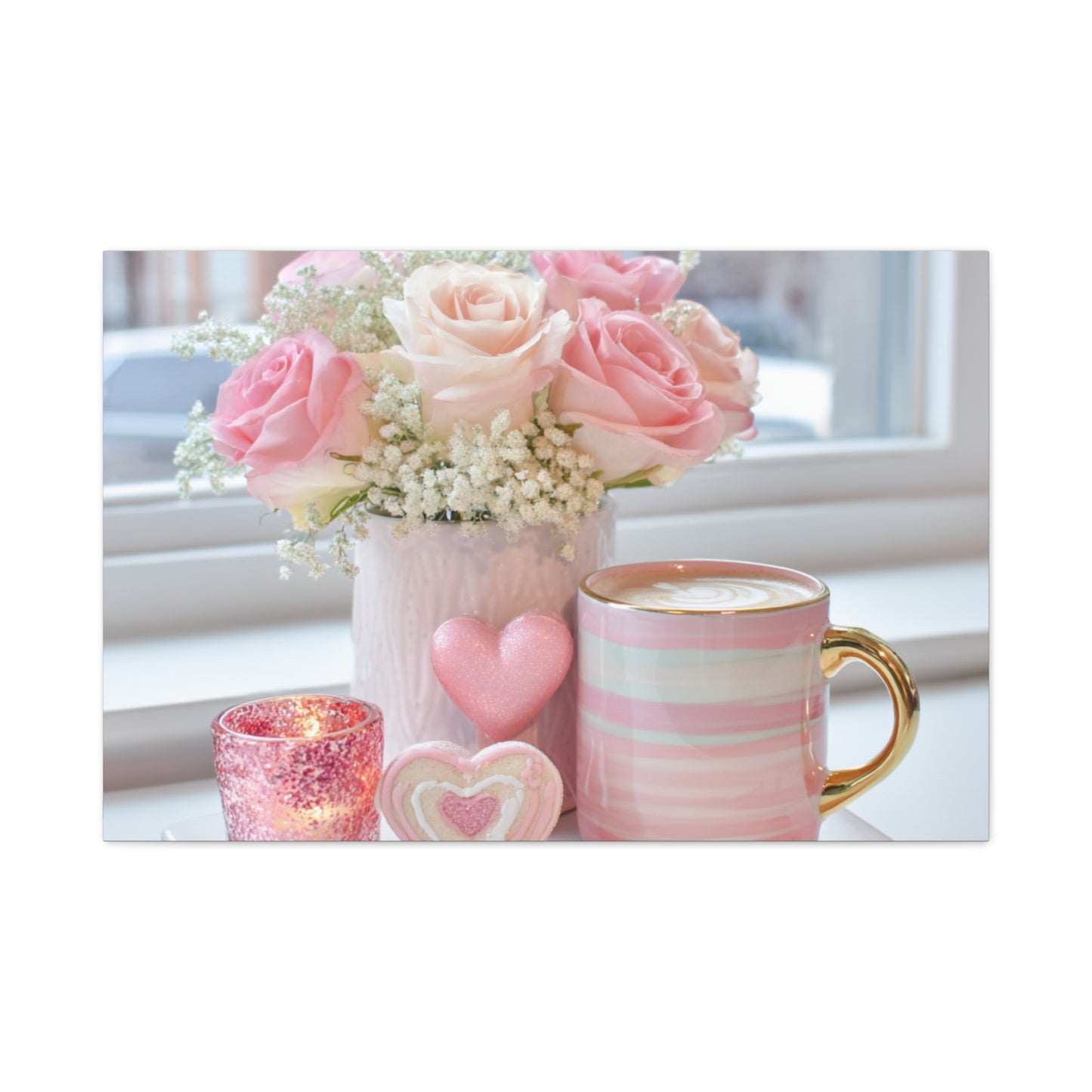 Pink Rose Bouquet with Mug Canvas