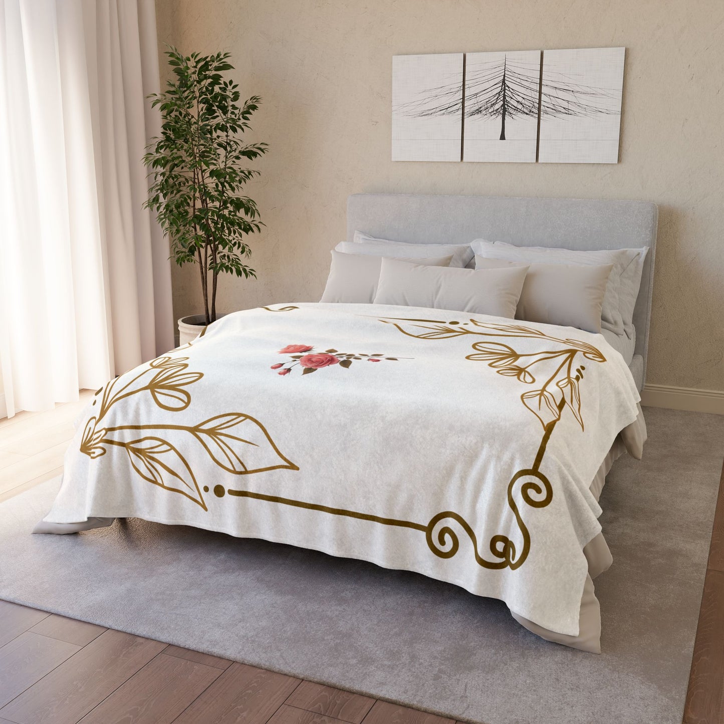 Gold Border Soft Polyester Blanket Rose Bouquet Throw