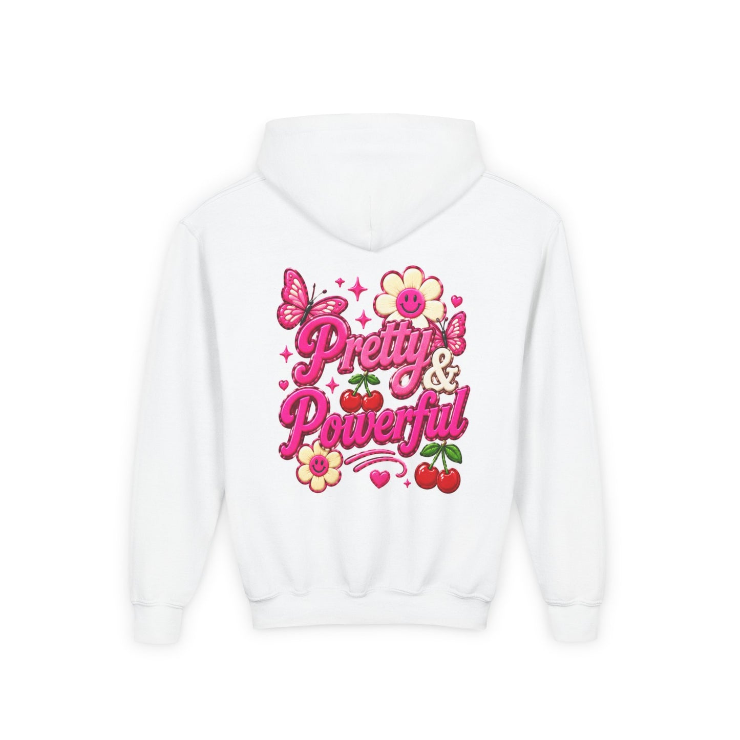 Pretty & Powerful Youth Hoodie | Pink Flower Butterfly Design