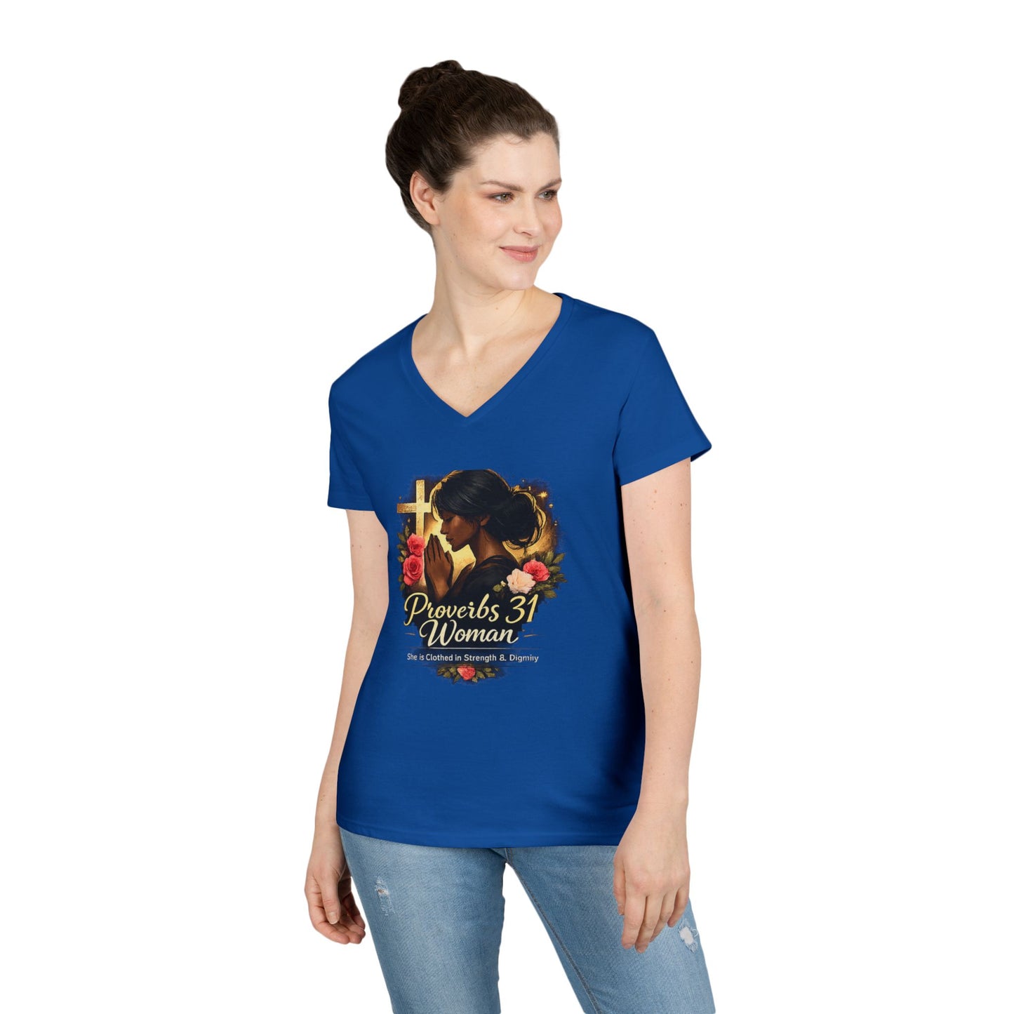 Proverbs 31 Woman V-Neck Tee — Faithful Christian Ladies Floral Shirt