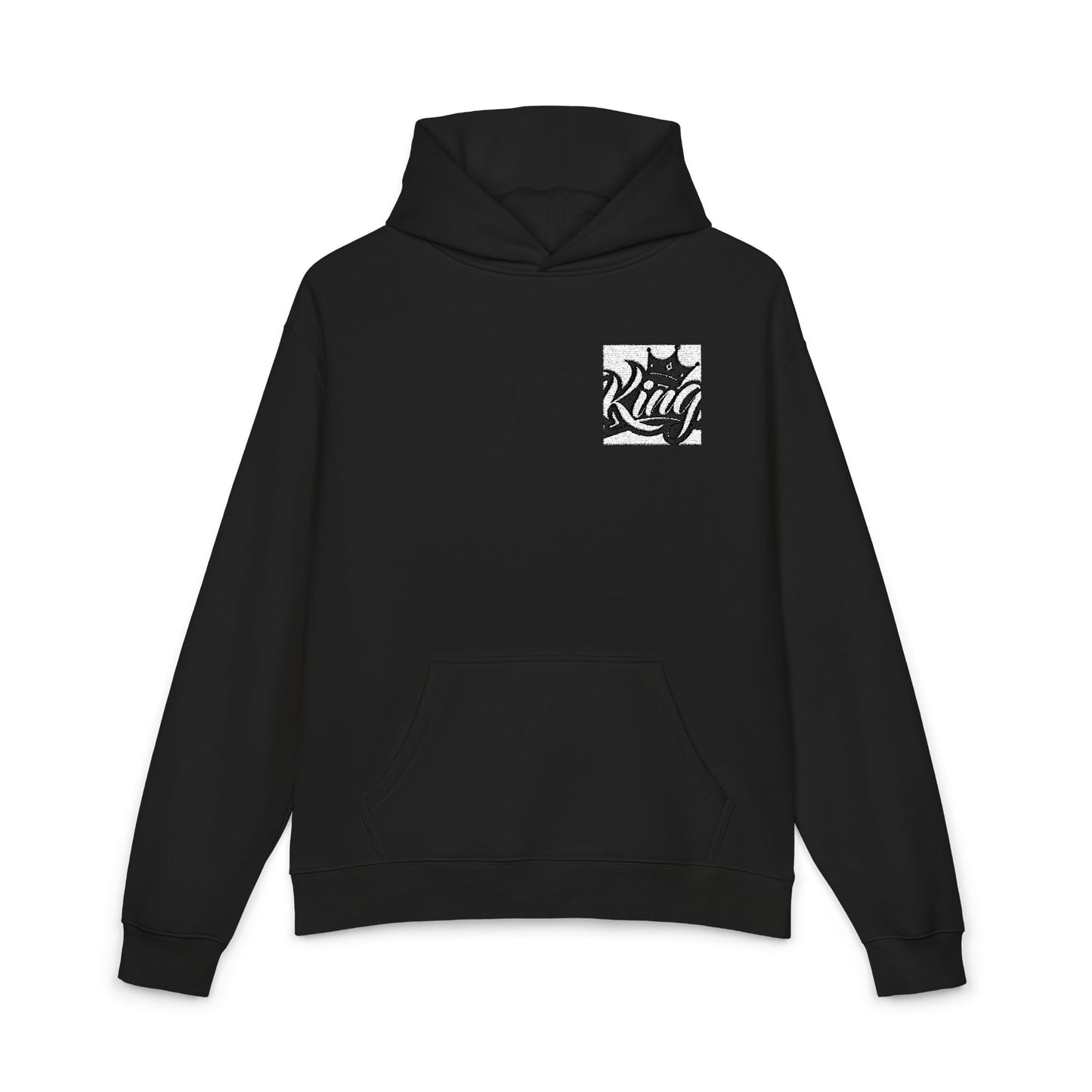 Relaxed Hoodie — Minimal Black Crown Chest Logo Hooded Sweatshirt