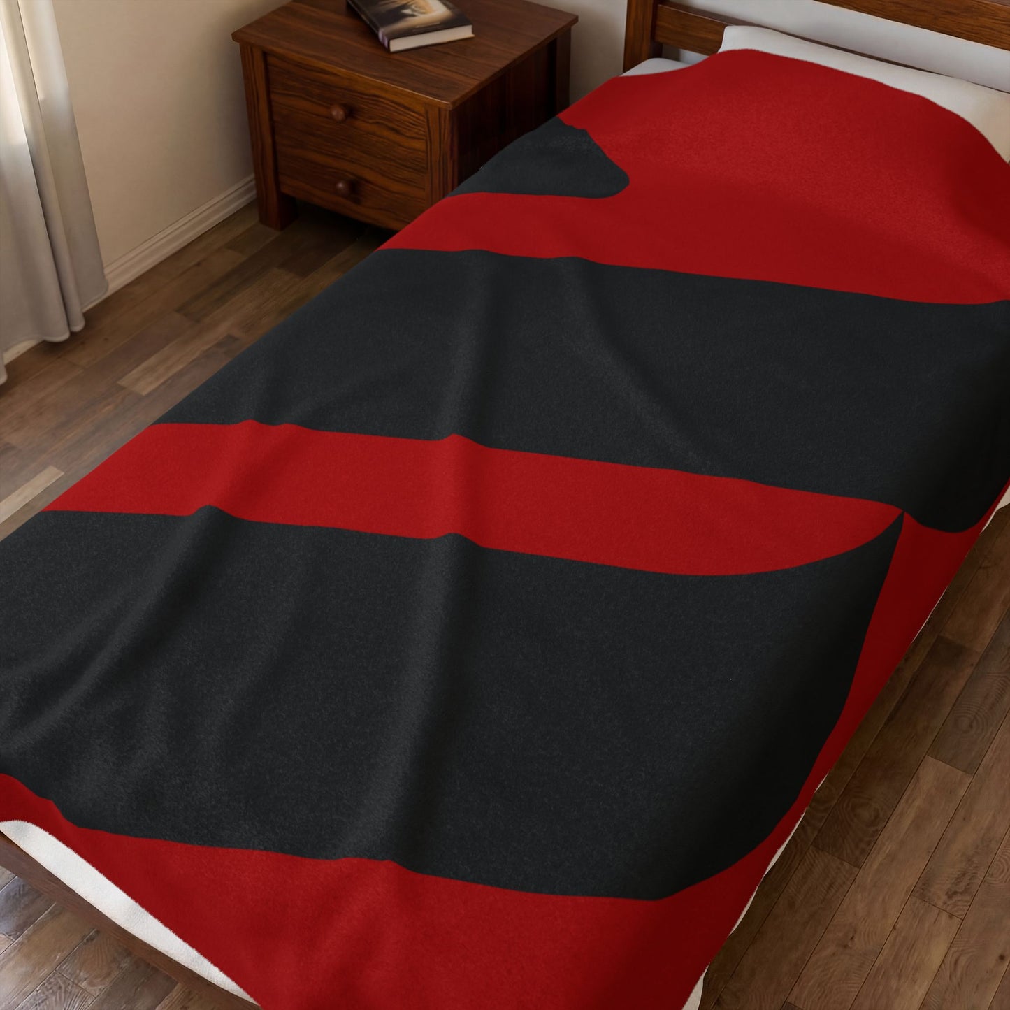 Bold Red Black Abstract Wave Velveteen Plush Blanket | Modern Geometric Throw