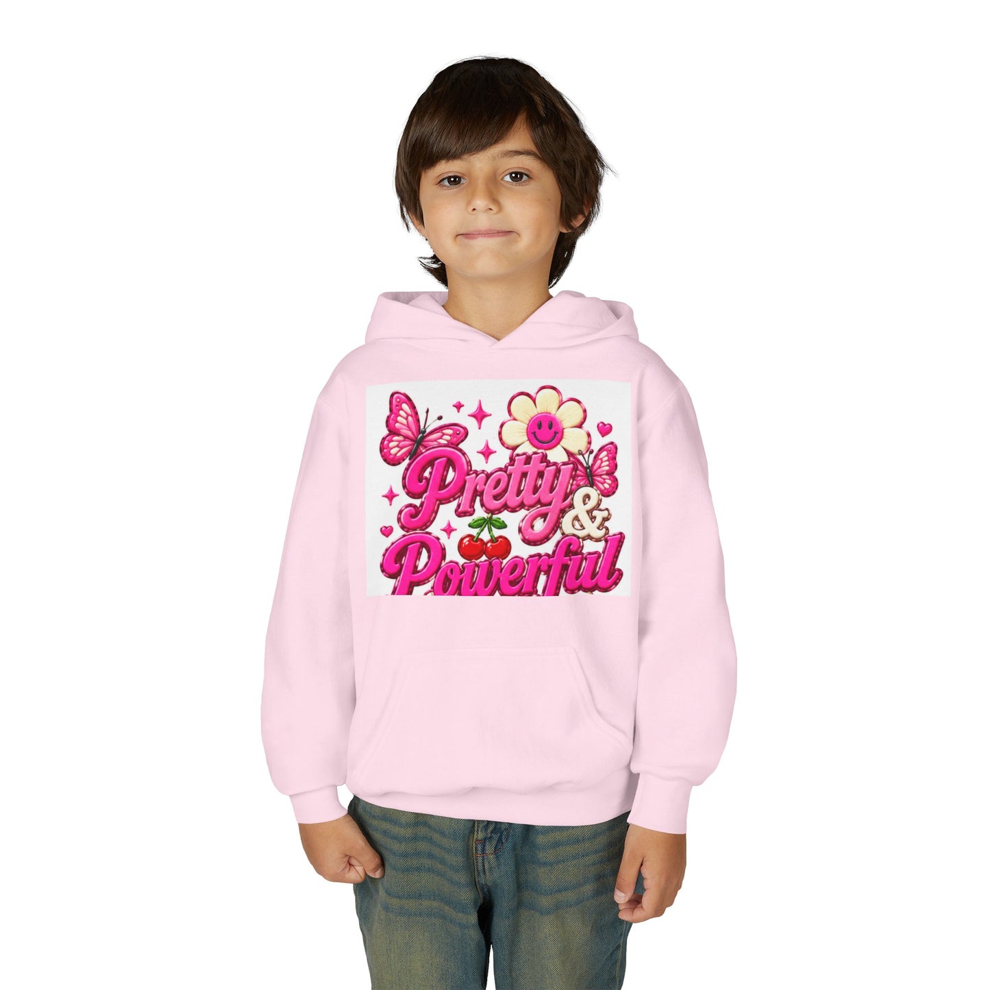 Pretty & Powerful Youth Hoodie | Pink Flower Butterfly Design