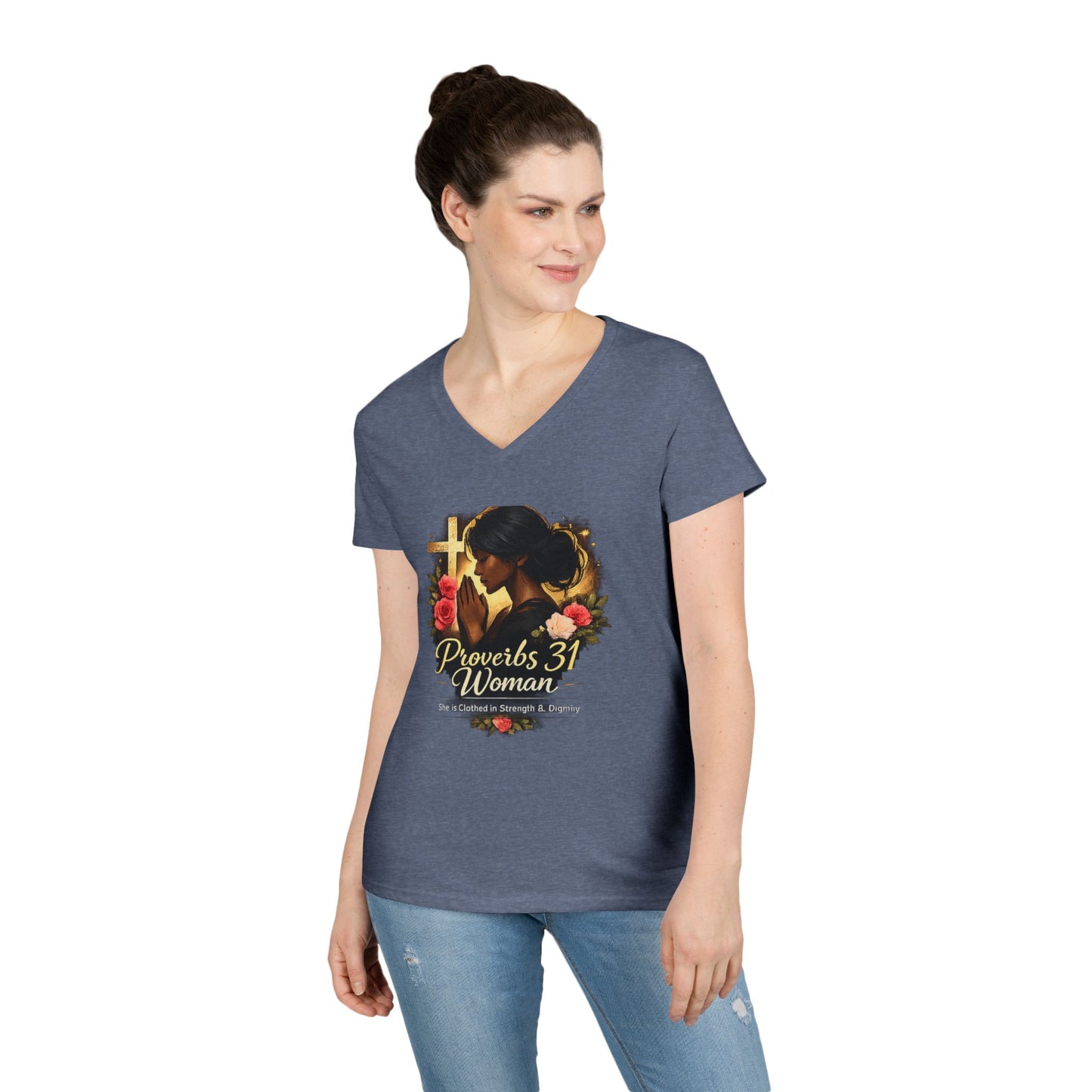 Proverbs 31 Woman V-Neck Tee — Faithful Christian Ladies Floral Shirt