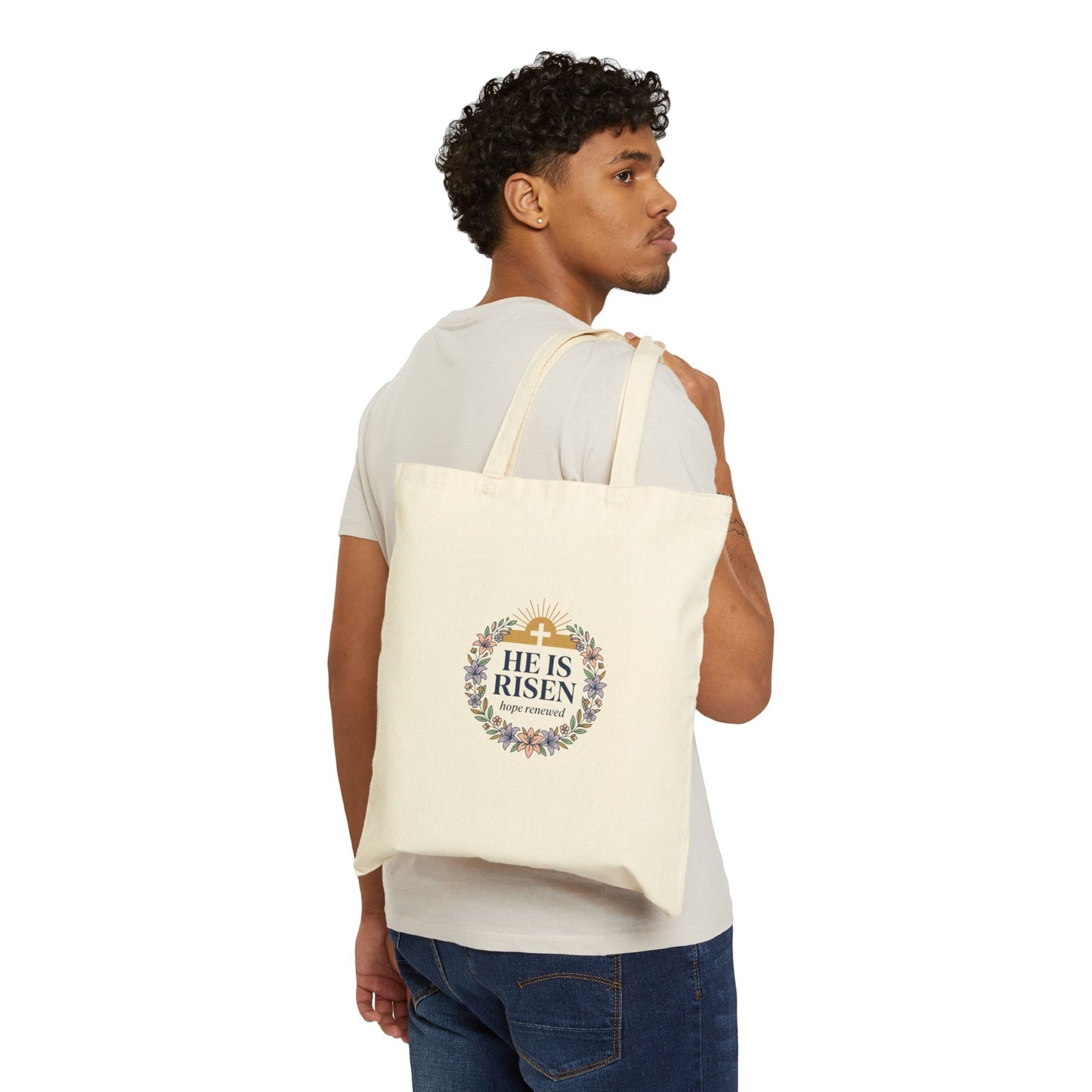 He Is Risen Canvas Tote — Easter Christian Resurrection Scripture Tote