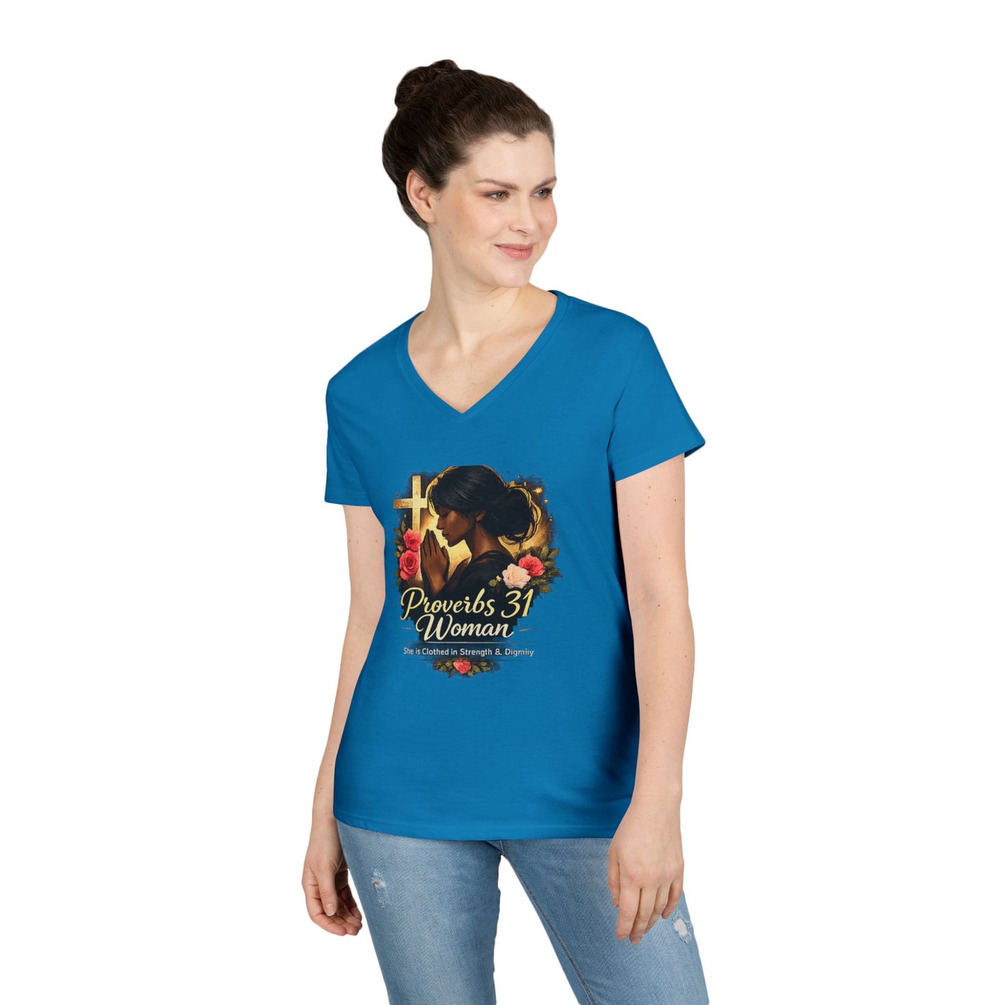 Proverbs 31 Woman V-Neck Tee — Faithful Christian Ladies Floral Shirt