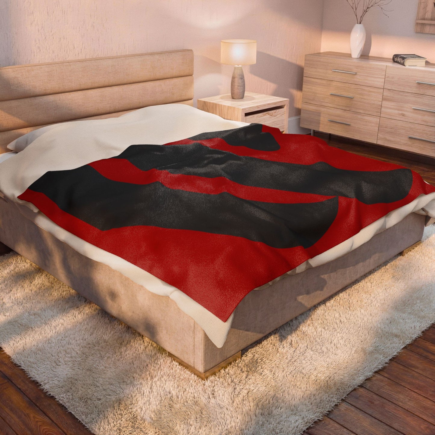 Bold Red Black Abstract Wave Velveteen Plush Blanket | Modern Geometric Throw