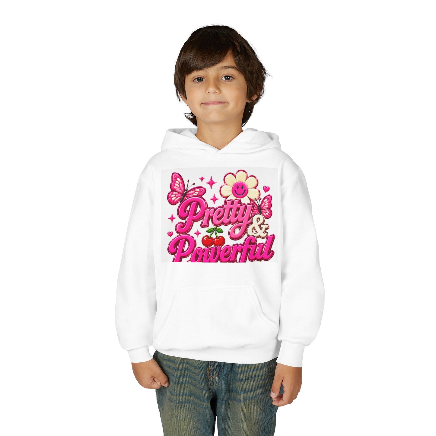 Pretty & Powerful Youth Hoodie | Pink Flower Butterfly Design