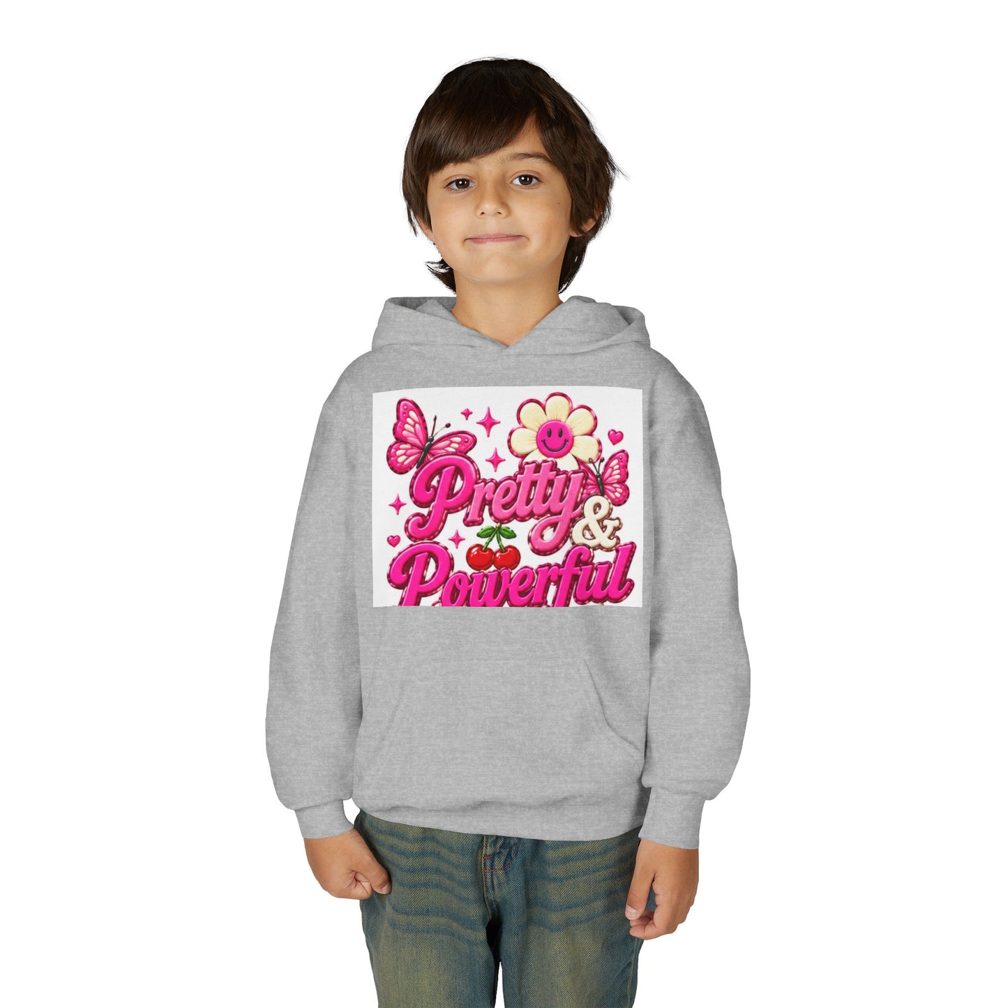 Pretty & Powerful Youth Hoodie | Pink Flower Butterfly Design
