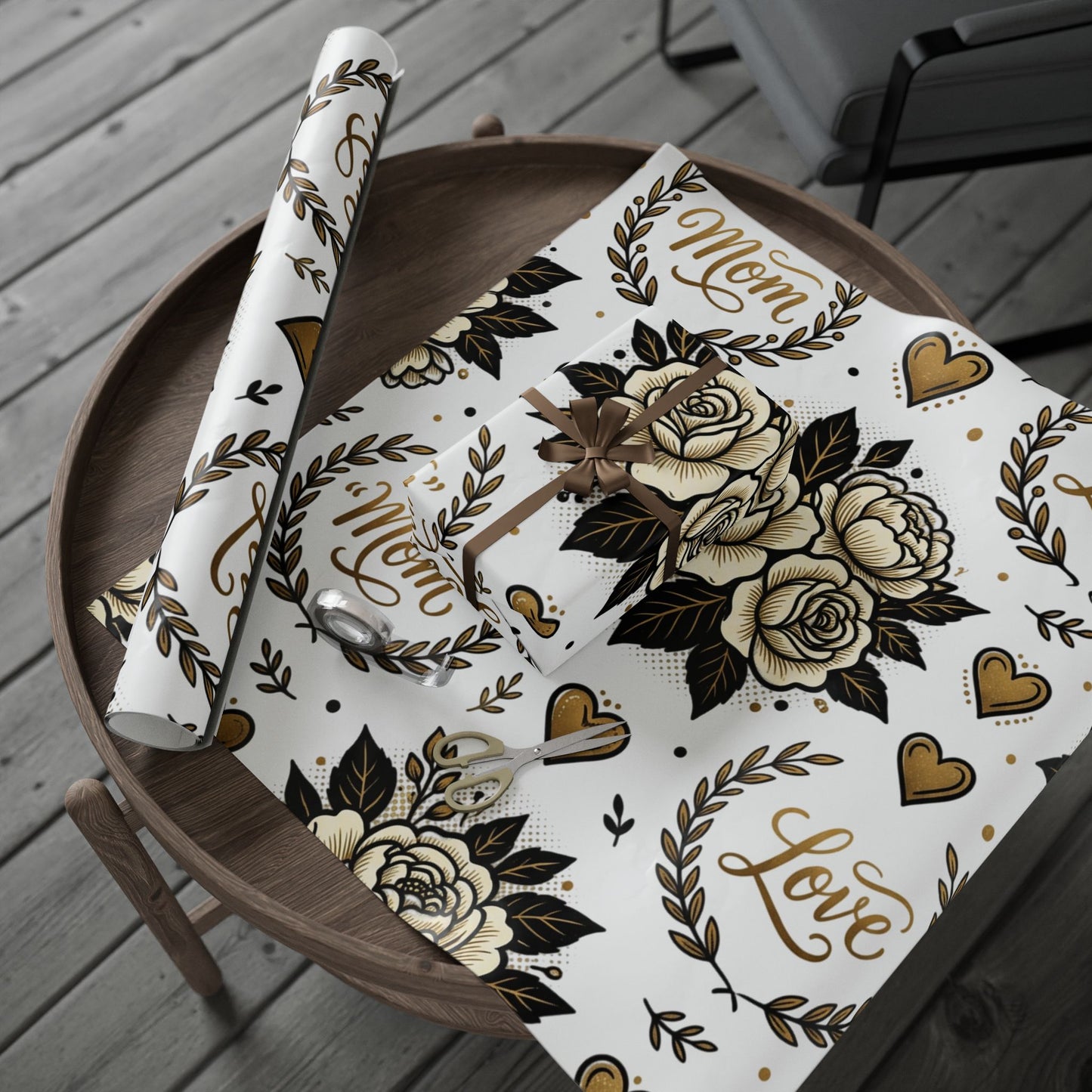Mom & Love Floral Wrapping Paper – Gold Heart Gift Wrap for Mother's Day