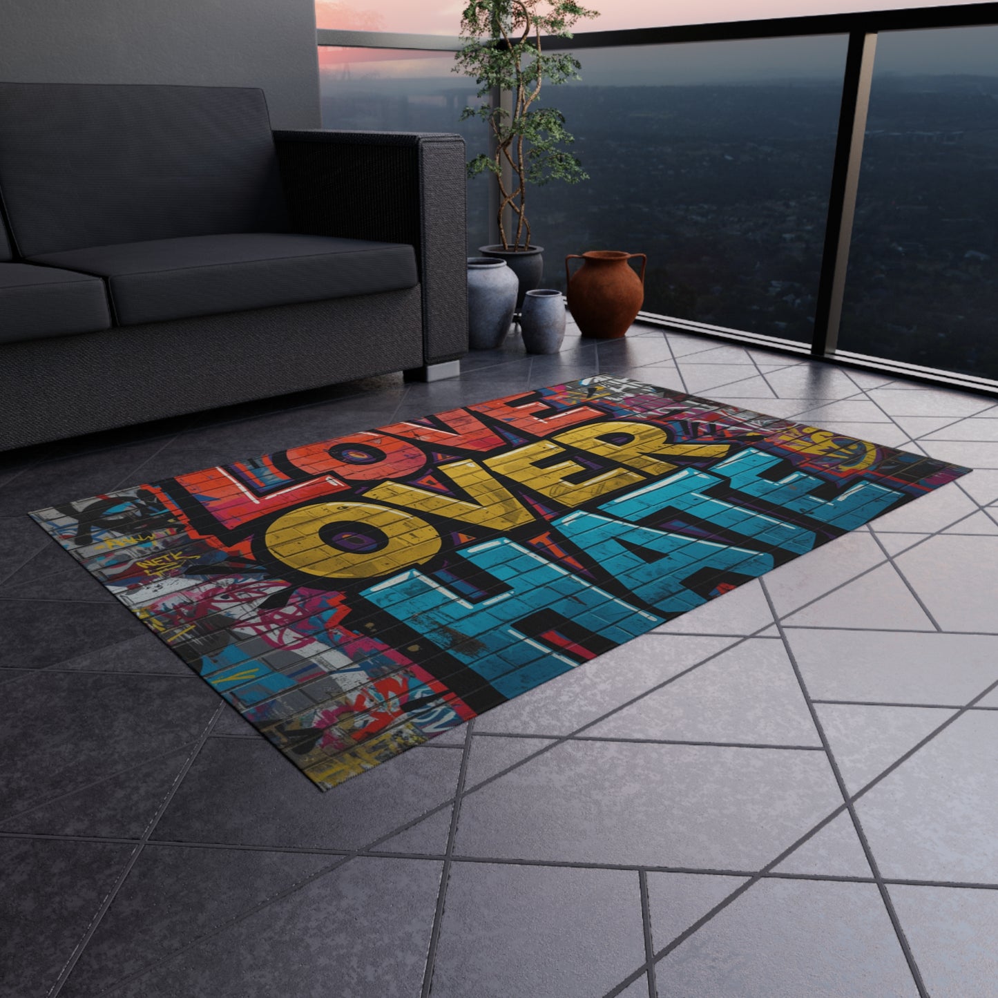 Love Over Hate Outdoor Rug — Colorful Graffiti Patio Mat