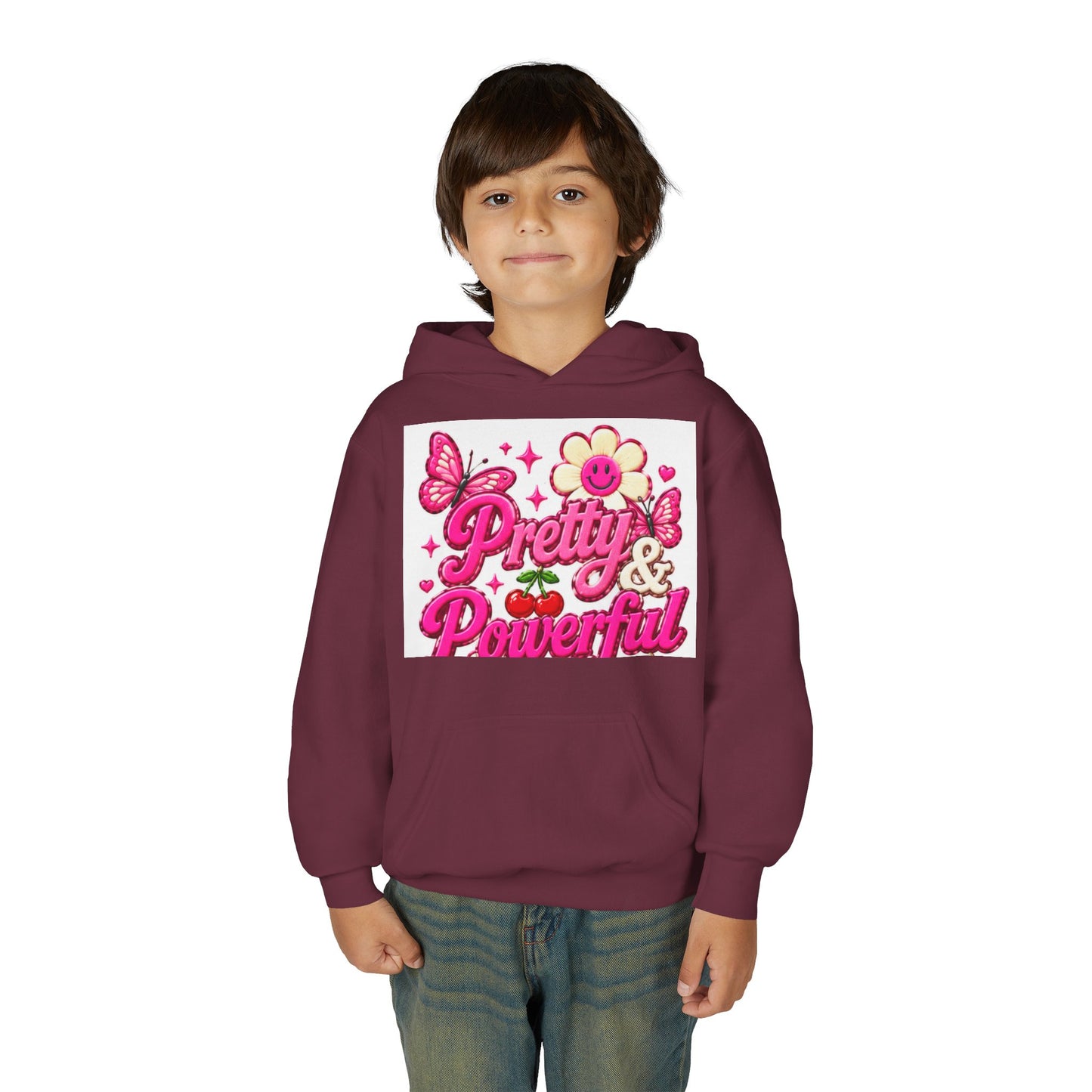 Pretty & Powerful Youth Hoodie | Pink Flower Butterfly Design