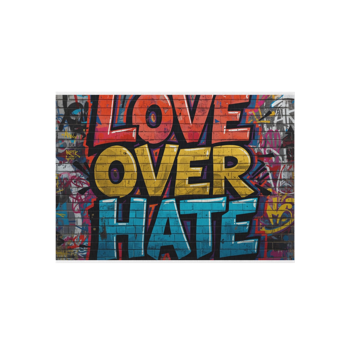 Love Over Hate Outdoor Rug — Colorful Graffiti Patio Mat