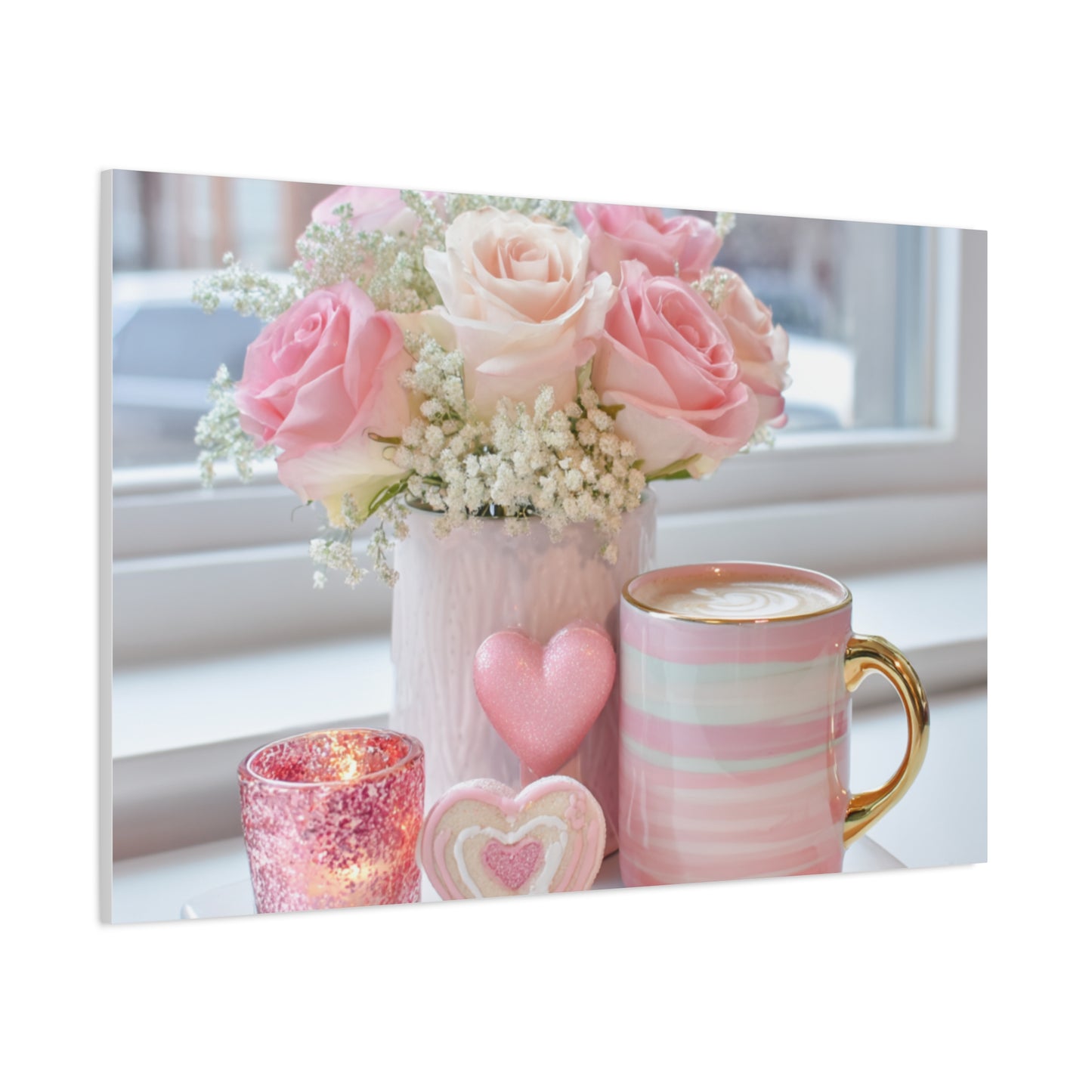 Pink Rose Bouquet with Mug Canvas