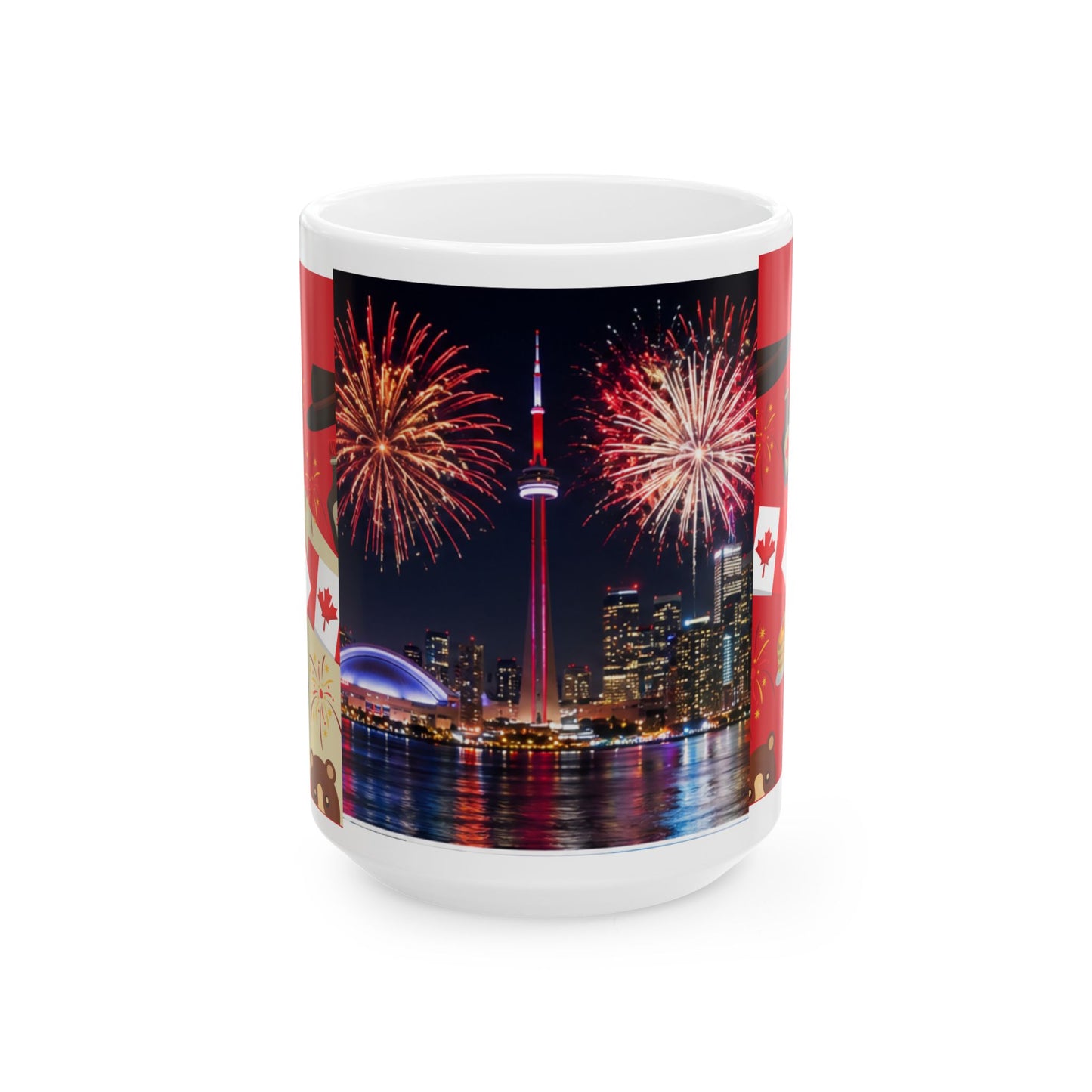 Canada Cityscape Fireworks Mug — Happy Canada Day Ceramic Coffee Cup (11oz/15oz)