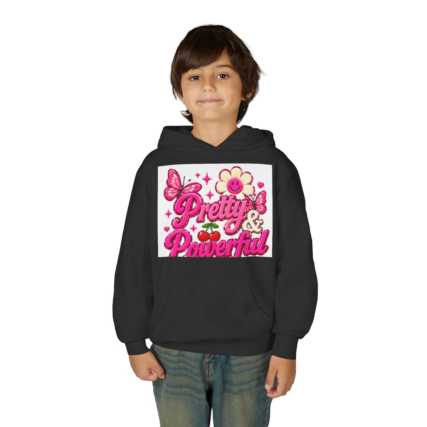 Pretty & Powerful Youth Hoodie | Pink Flower Butterfly Design
