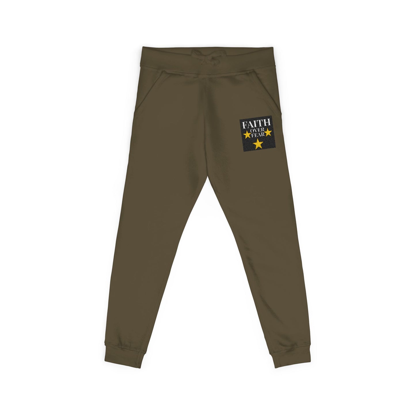 Embroidered Star Patch Sweatpants — White Fleece Joggers