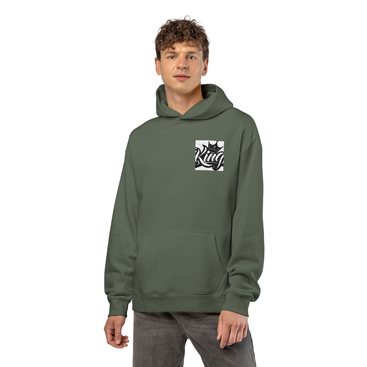 Relaxed Hoodie — Minimal Black Crown Chest Logo Hooded Sweatshirt