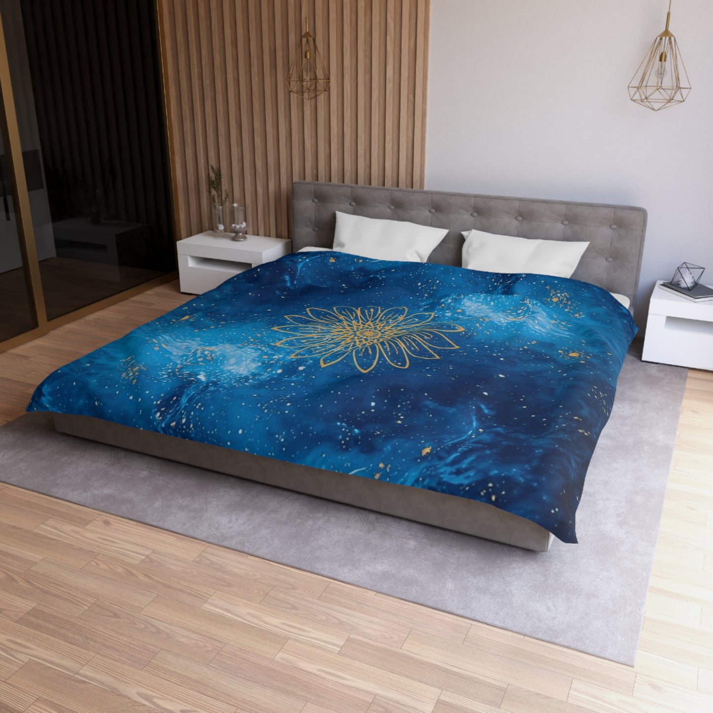 Galaxy Mandala Duvet Cover — Blue Cosmic Bedding with Gold Floral Mandala
