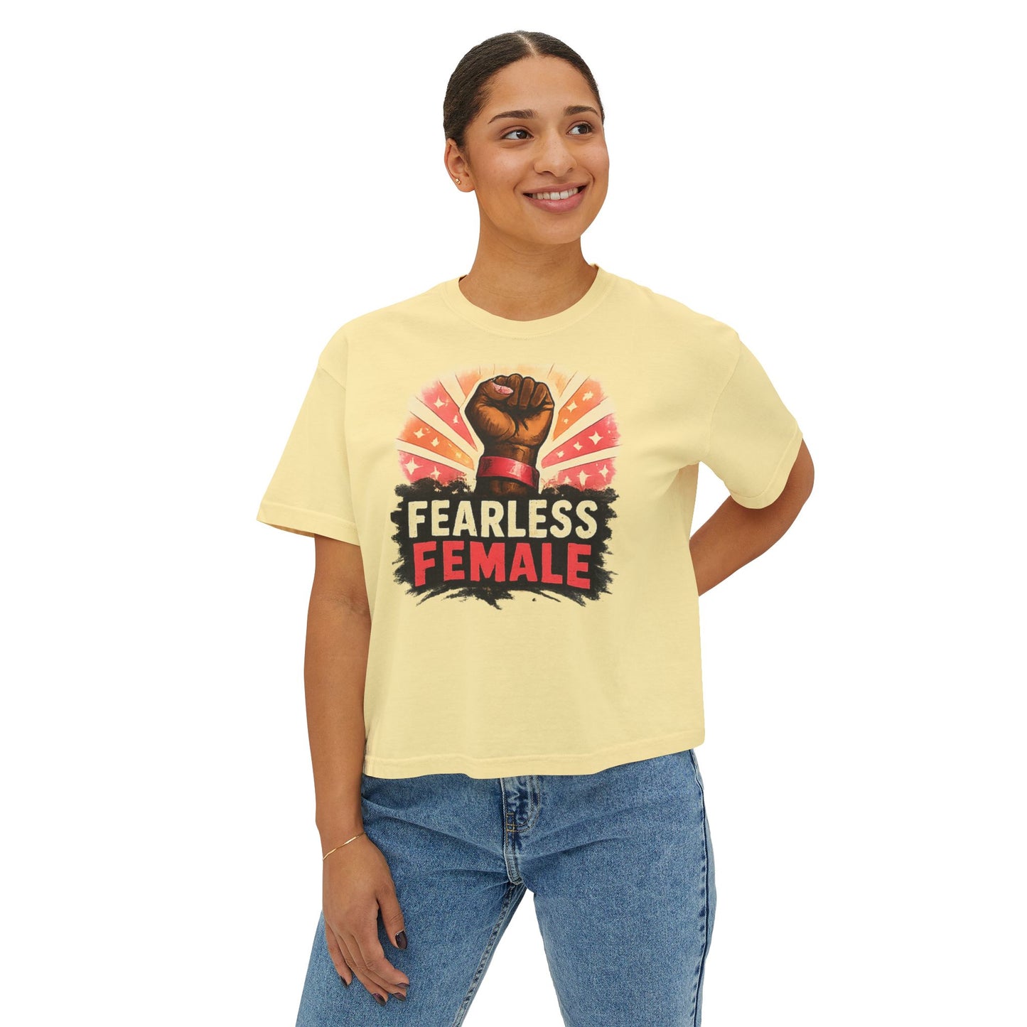 Fearless Female Boxy Tee — Empowerment T‑Shirt with Raised Fist Graphic