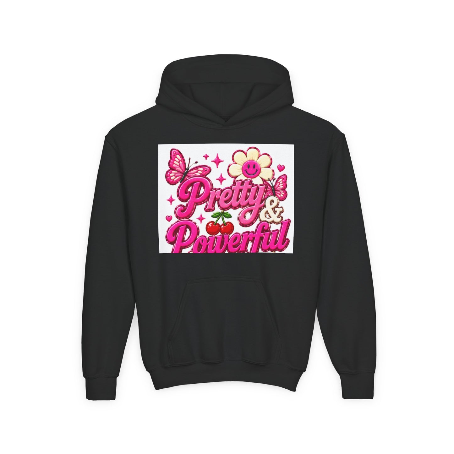 Pretty & Powerful Youth Hoodie | Pink Flower Butterfly Design