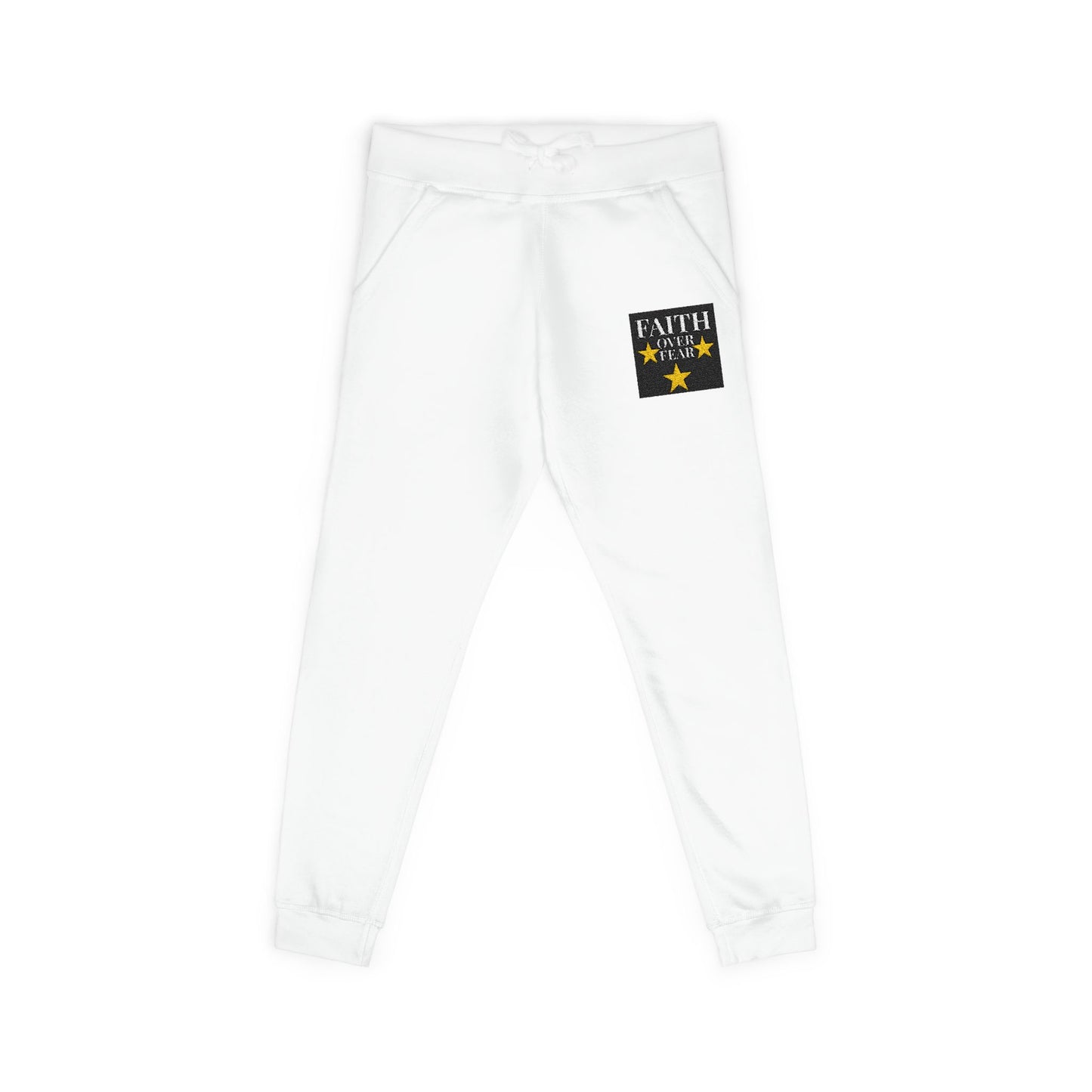 Embroidered Star Patch Sweatpants — White Fleece Joggers