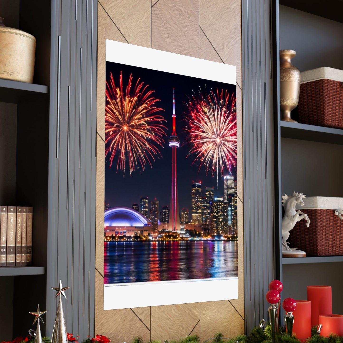 CN Tower Fireworks Matte Vertical Poster — Toronto Skyline Night Celebration Wall Art