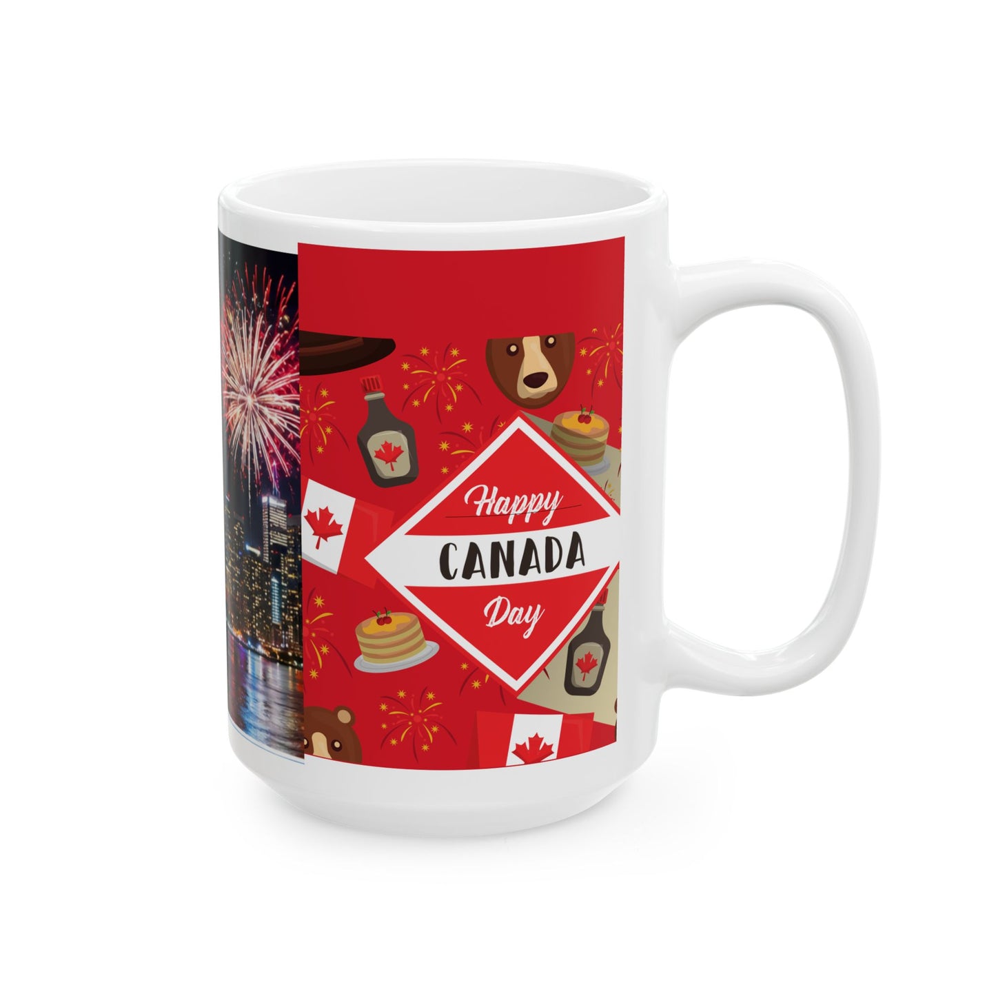 Canada Cityscape Fireworks Mug — Happy Canada Day Ceramic Coffee Cup (11oz/15oz)