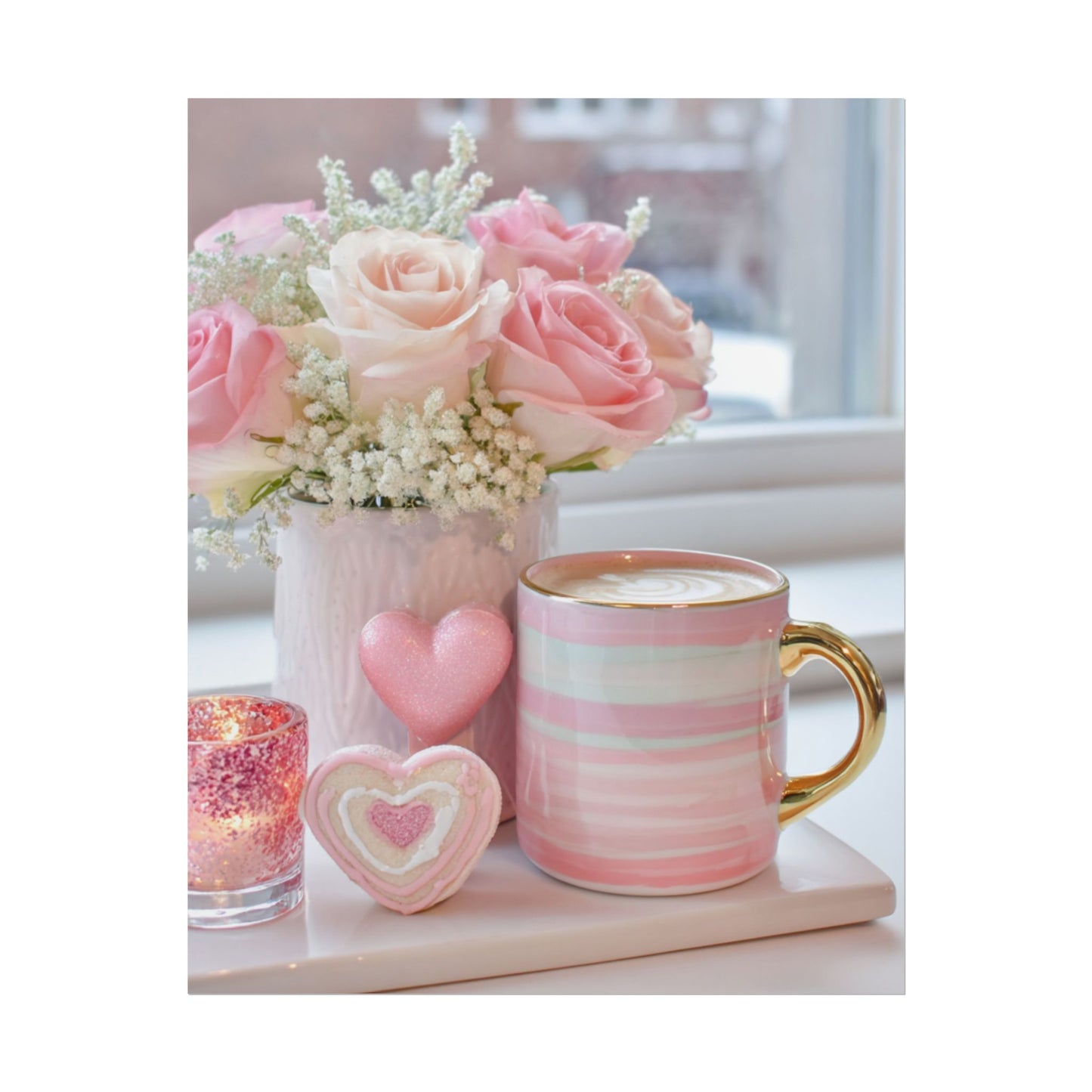 Pink Roses and Heart Mug Rolled Poster | Floral Coffee Still Life