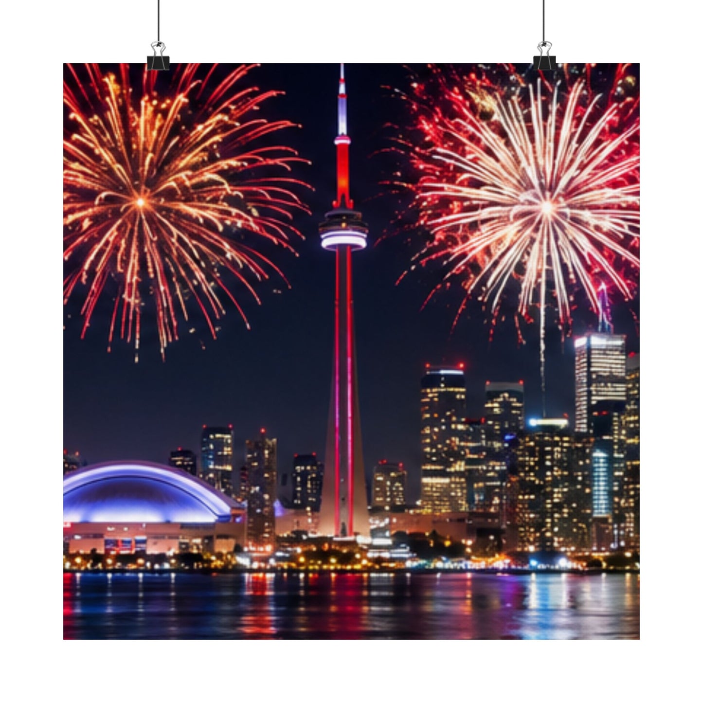 CN Tower Fireworks Matte Vertical Poster — Toronto Skyline Night Celebration Wall Art