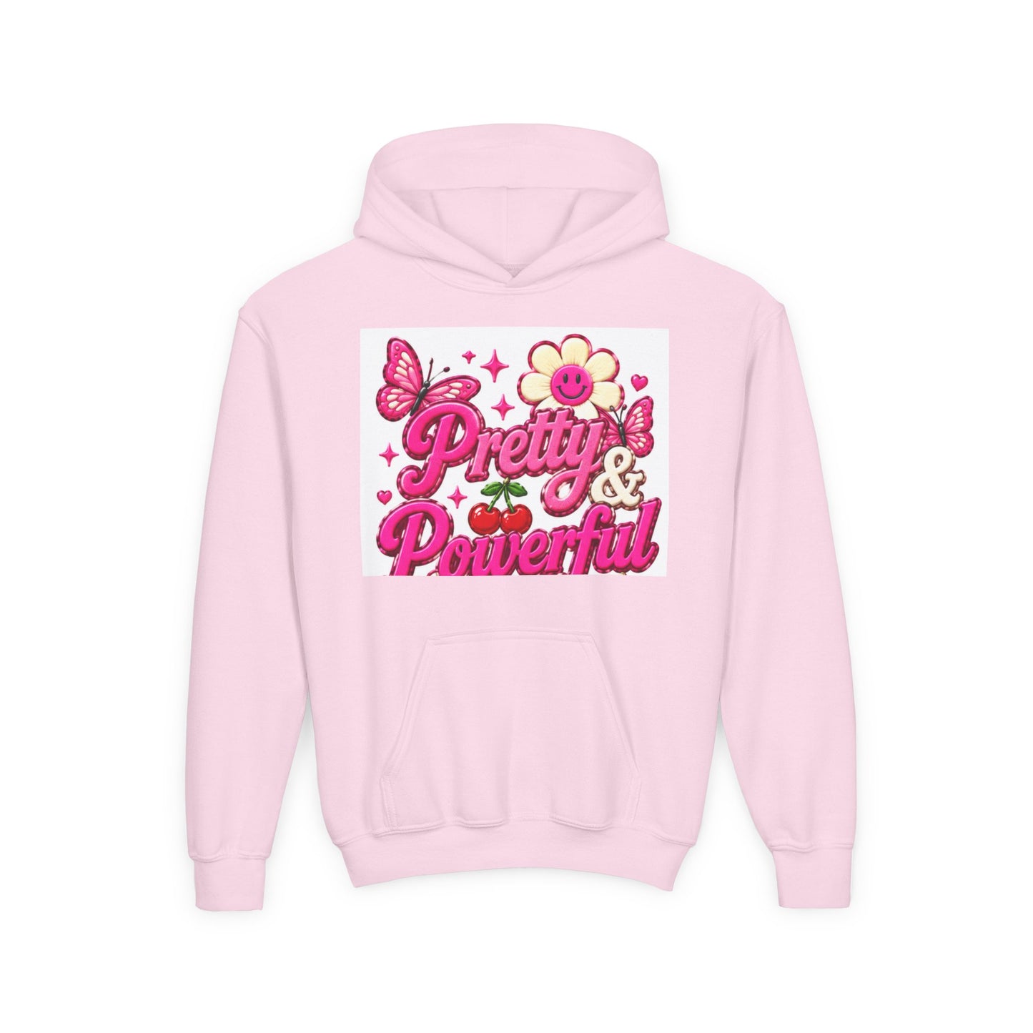 Pretty & Powerful Youth Hoodie | Pink Flower Butterfly Design