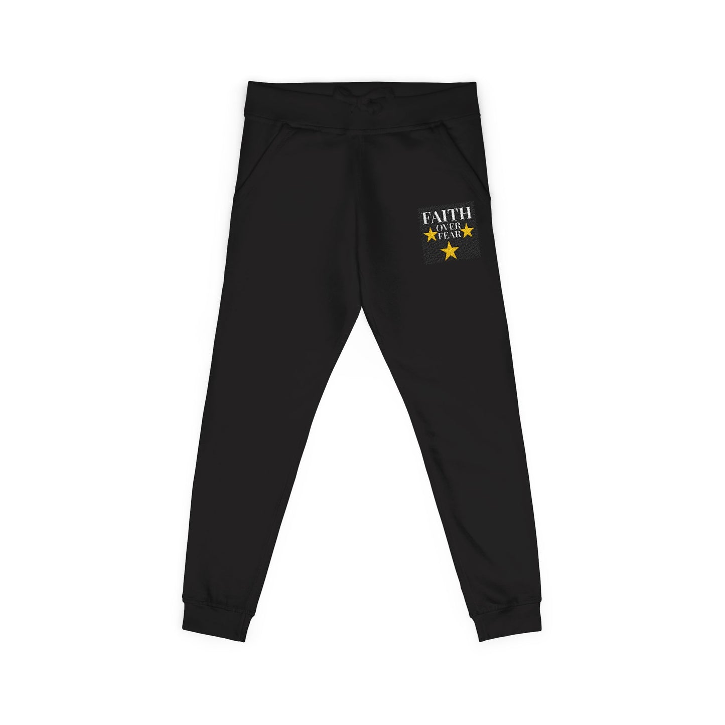 Embroidered Star Patch Sweatpants — White Fleece Joggers