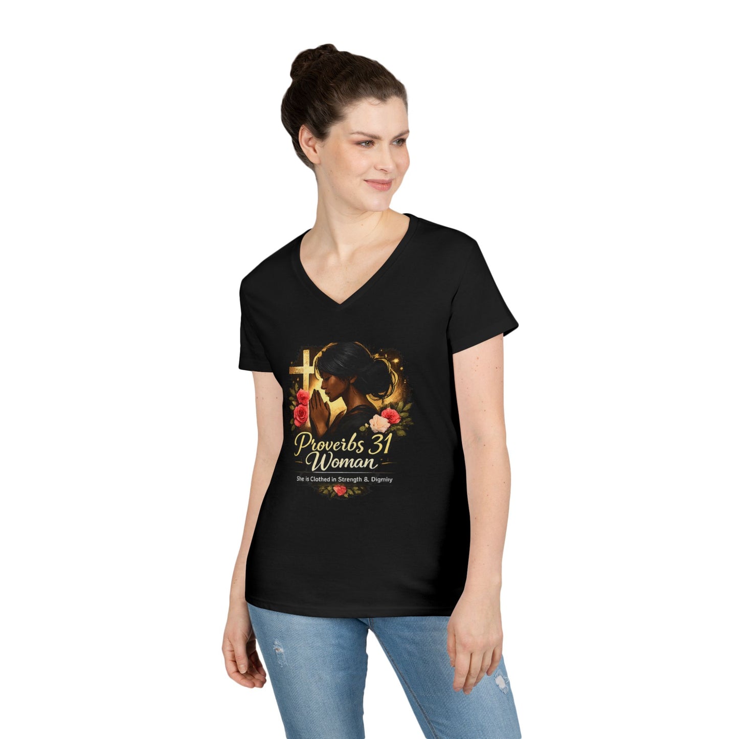 Proverbs 31 Woman V-Neck Tee — Faithful Christian Ladies Floral Shirt