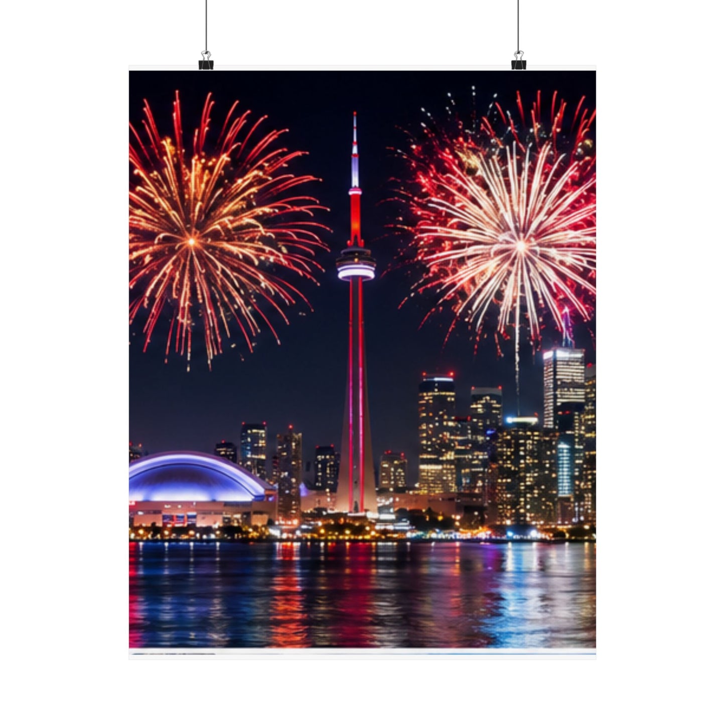 CN Tower Fireworks Matte Vertical Poster — Toronto Skyline Night Celebration Wall Art