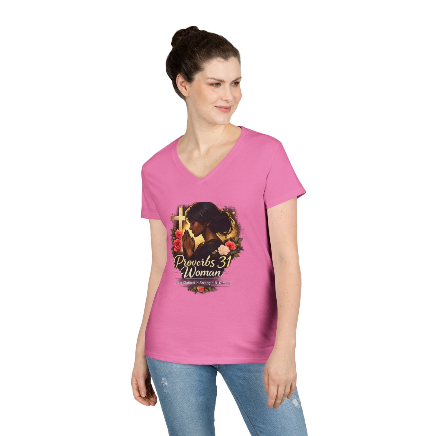 Proverbs 31 Woman V-Neck Tee — Faithful Christian Ladies Floral Shirt