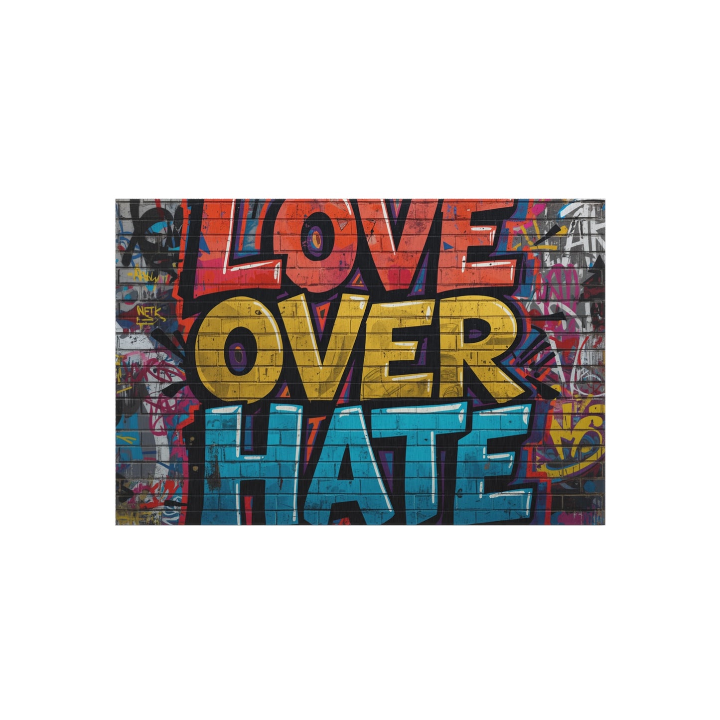 Love Over Hate Outdoor Rug — Colorful Graffiti Patio Mat