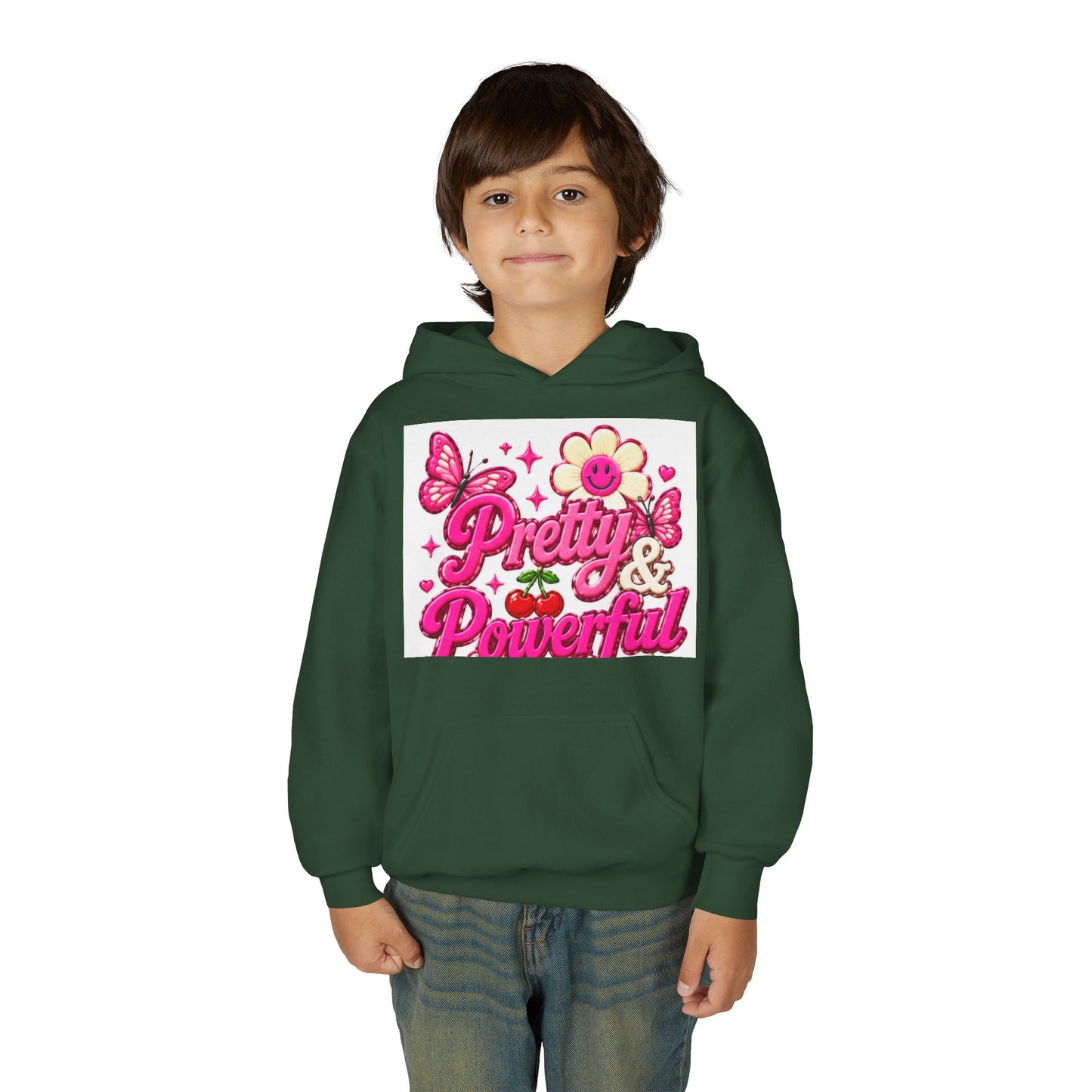 Pretty & Powerful Youth Hoodie | Pink Flower Butterfly Design