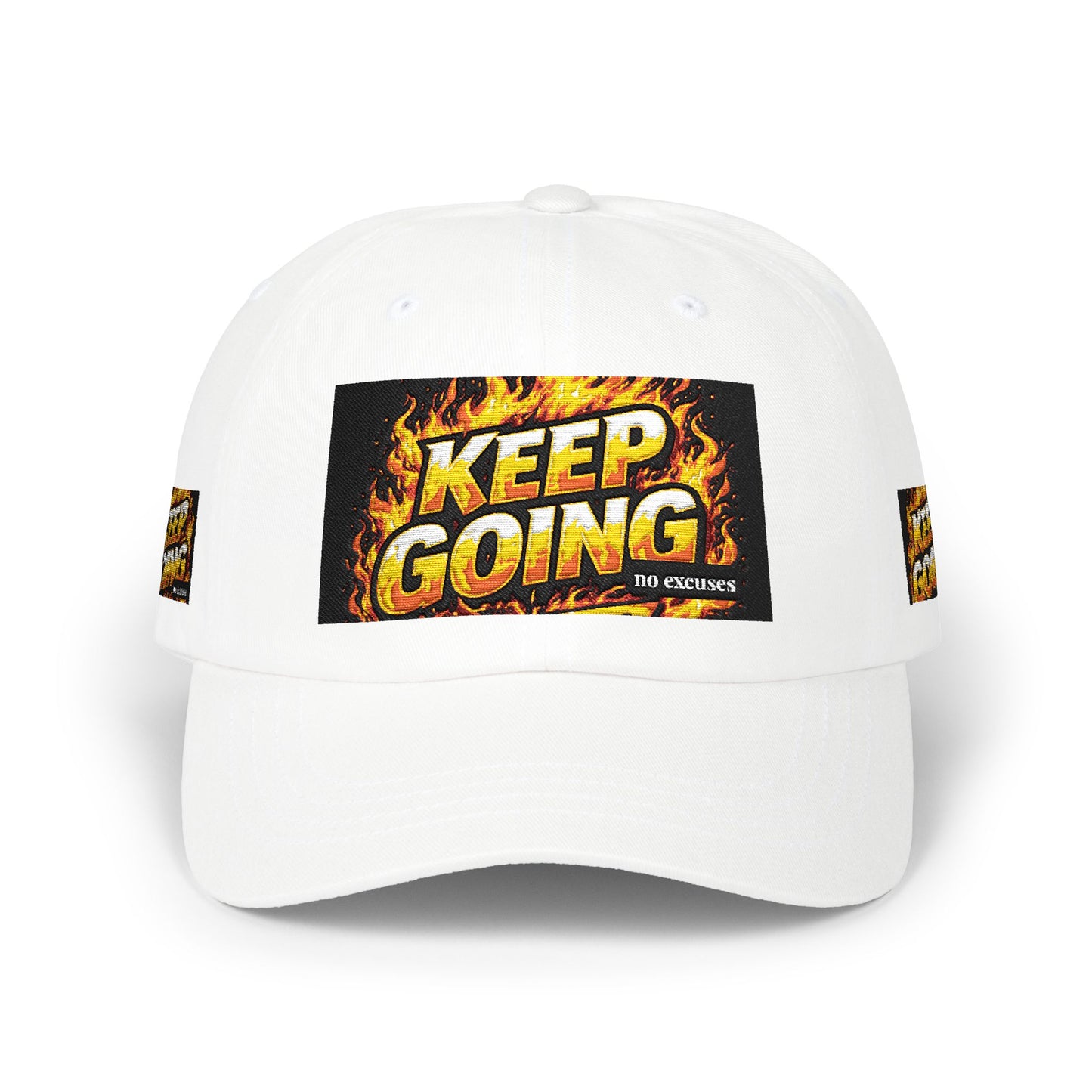 Keep Going Flame Patch Dad Cap — Motivational Fire Graphic Hat