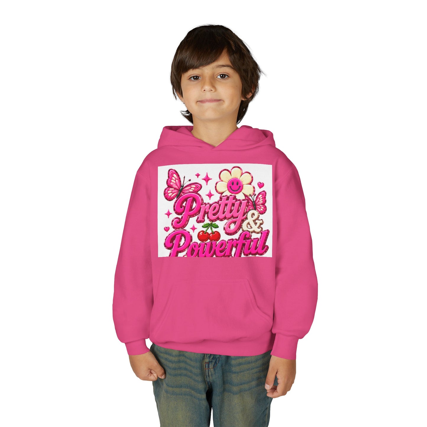Pretty & Powerful Youth Hoodie | Pink Flower Butterfly Design
