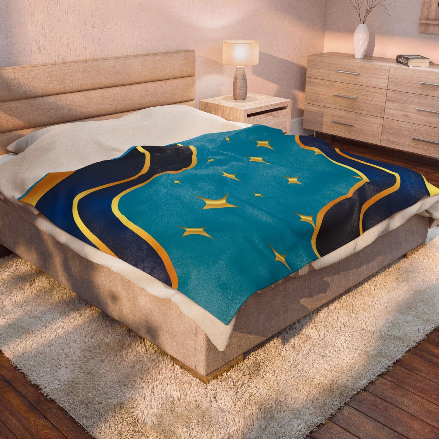 Plush Blanket — Teal & Gold Abstract Starry Wave Throw