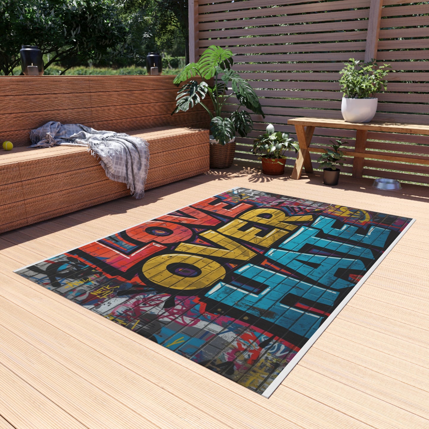Love Over Hate Outdoor Rug — Colorful Graffiti Patio Mat