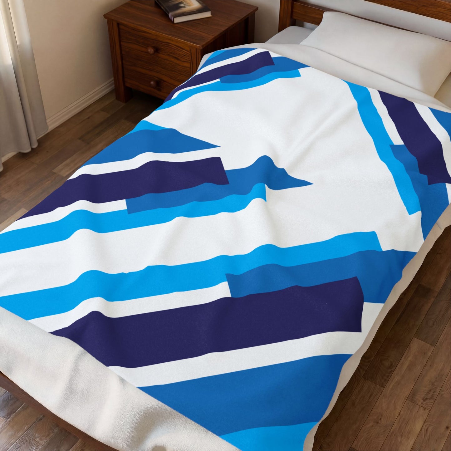 Blue Geometric Stripes Velveteen Plush Blanket | Modern Diagonal Pattern