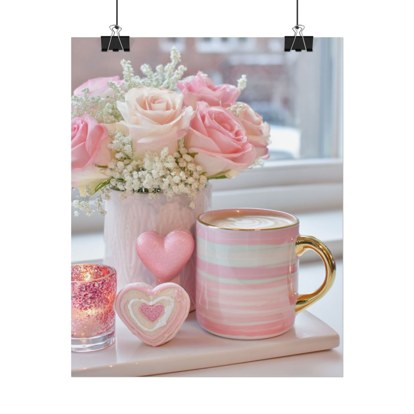 Pink Roses and Heart Mug Rolled Poster | Floral Coffee Still Life