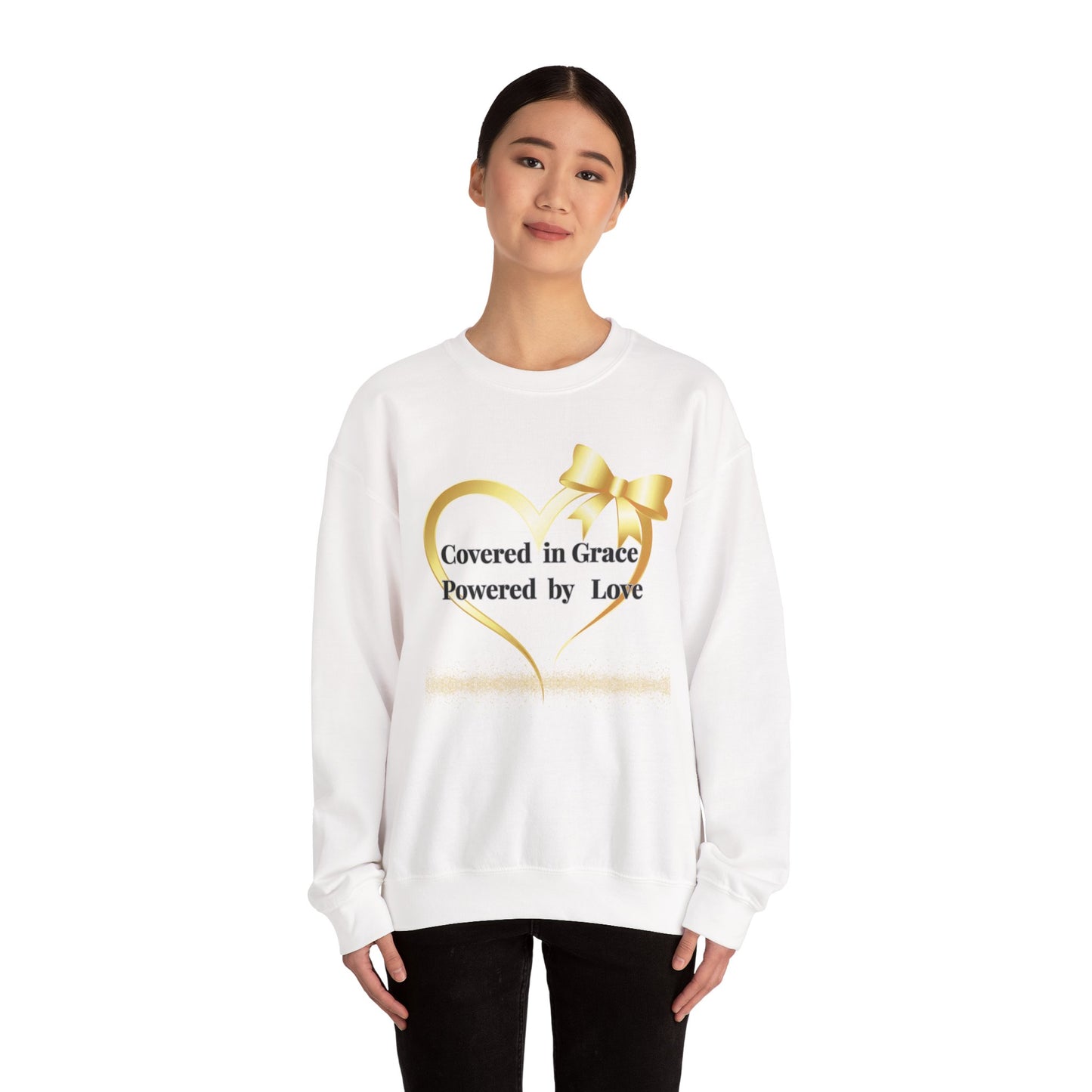 Crewneck Sweatshirt — "Covered in Grace Powered by Love" Gold Heart Design