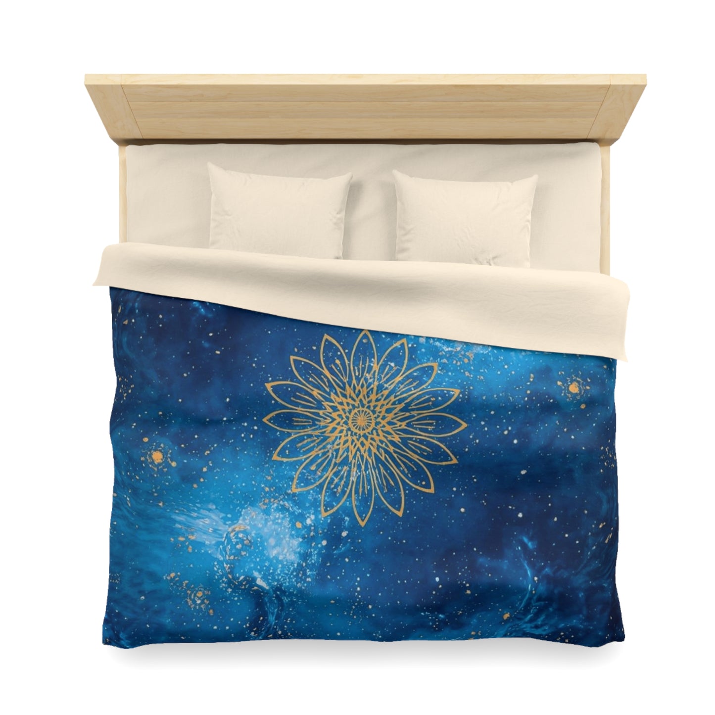 Galaxy Mandala Duvet Cover — Blue Cosmic Bedding with Gold Floral Mandala