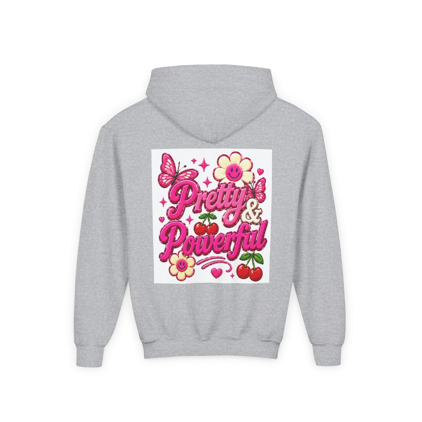 Pretty & Powerful Youth Hoodie | Pink Flower Butterfly Design