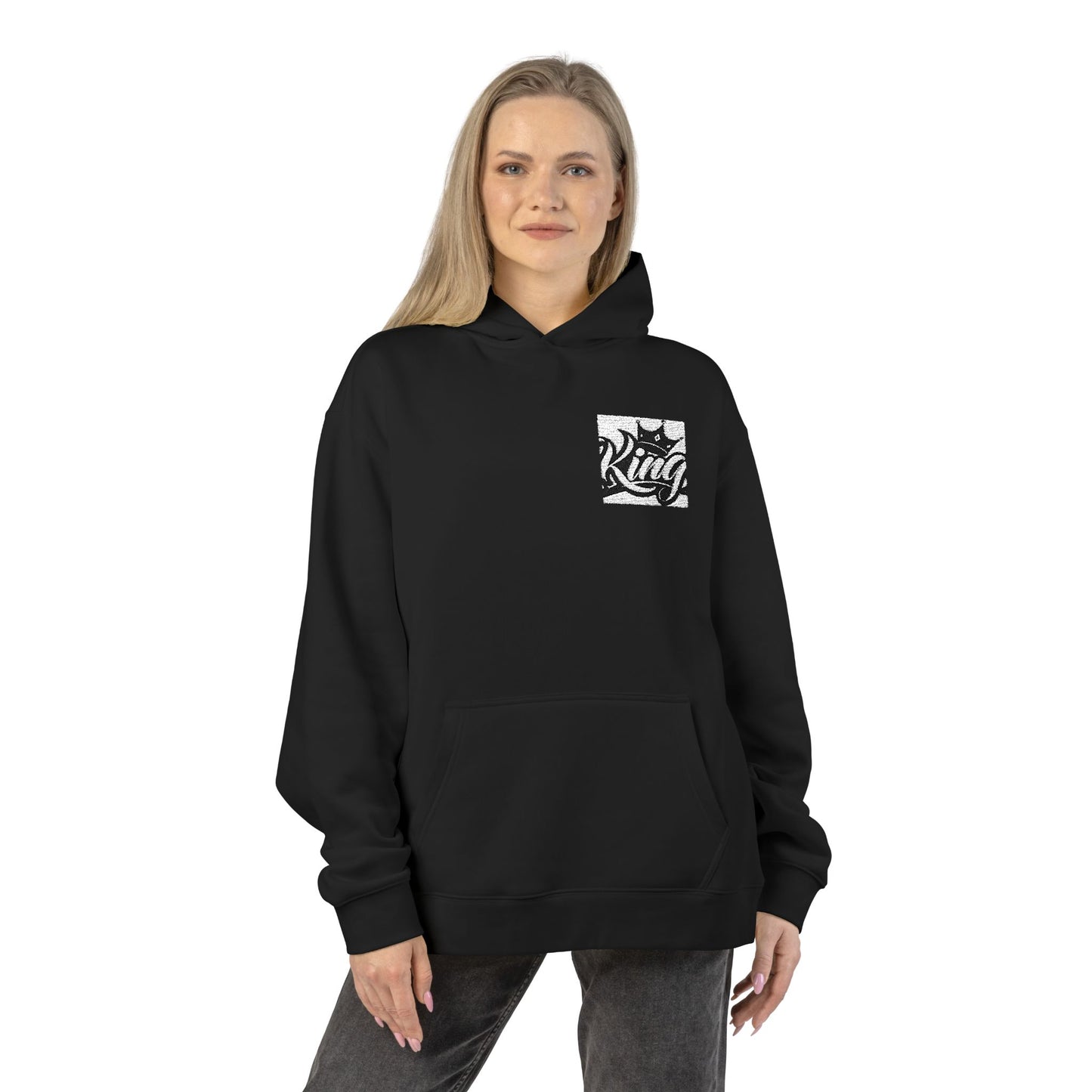 Relaxed Hoodie — Minimal Black Crown Chest Logo Hooded Sweatshirt