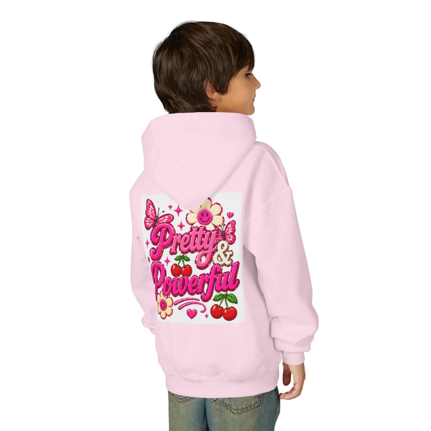 Pretty & Powerful Youth Hoodie | Pink Flower Butterfly Design