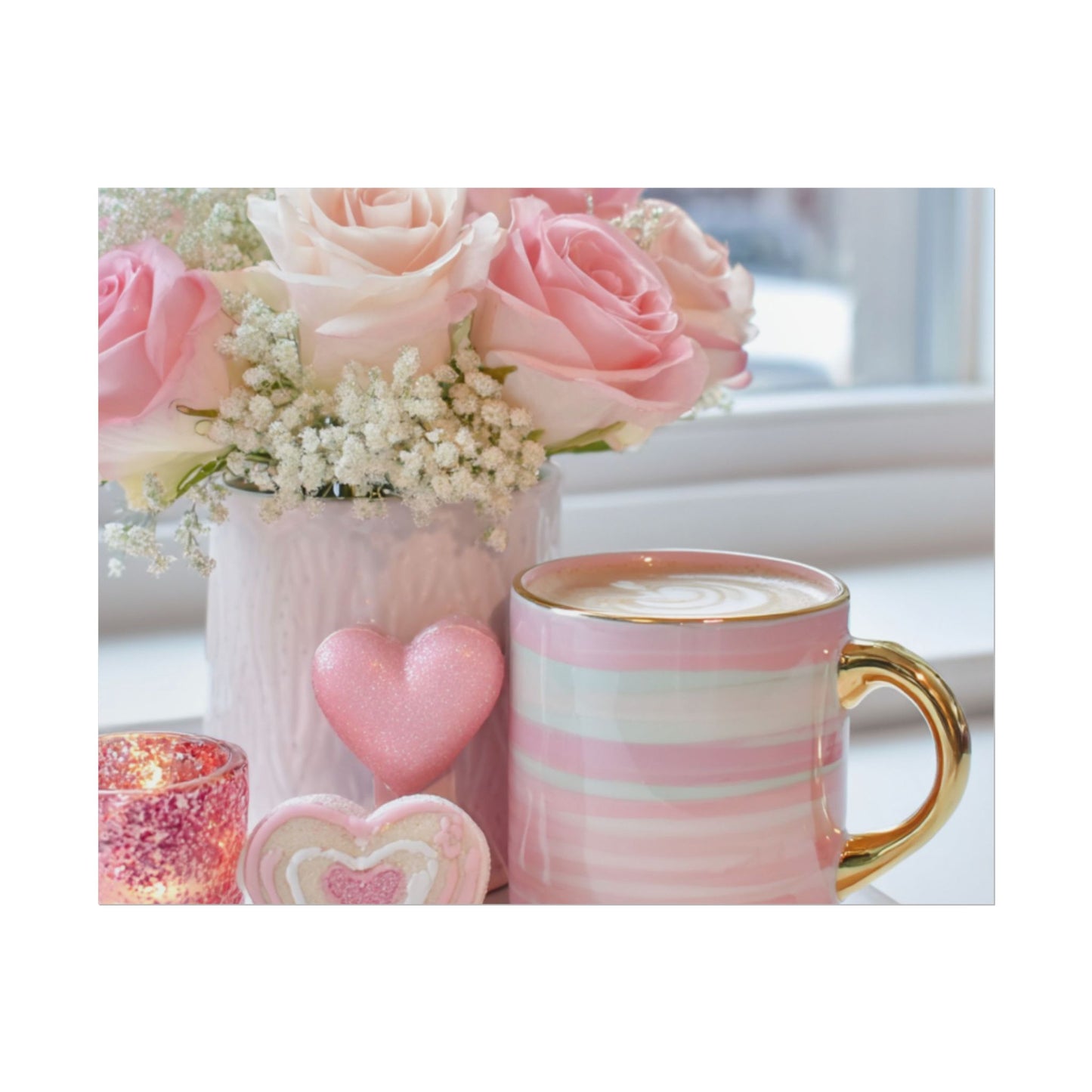Pink Roses and Heart Mug Rolled Poster | Floral Coffee Still Life